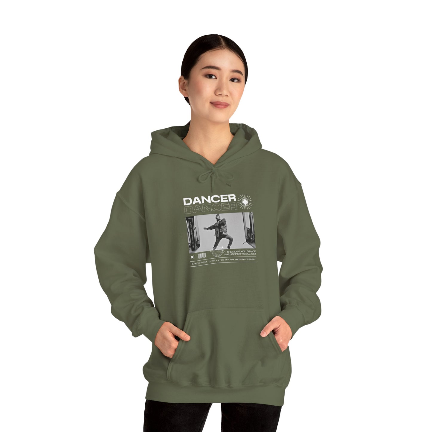 “Dancer” Text with Jazz-Inspired Streetwear-Style Pose Graphic – Unisex Heavy Blend™ Hooded Sweatshirt – Cozy Dance Hoodie for Jazz Dancers & Performing Arts Lovers  "