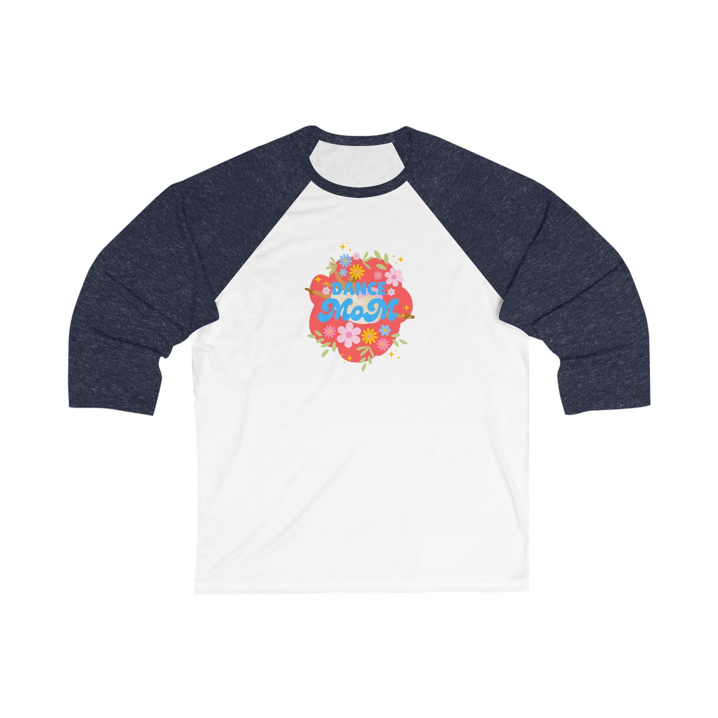 "Dance Mom" Unisex 3/4 Sleeve Baseball Tee – Bold Floral Dancer Graphic Front & Superhero Role List Back | Dance Parent Shirt for Performances and Competitions