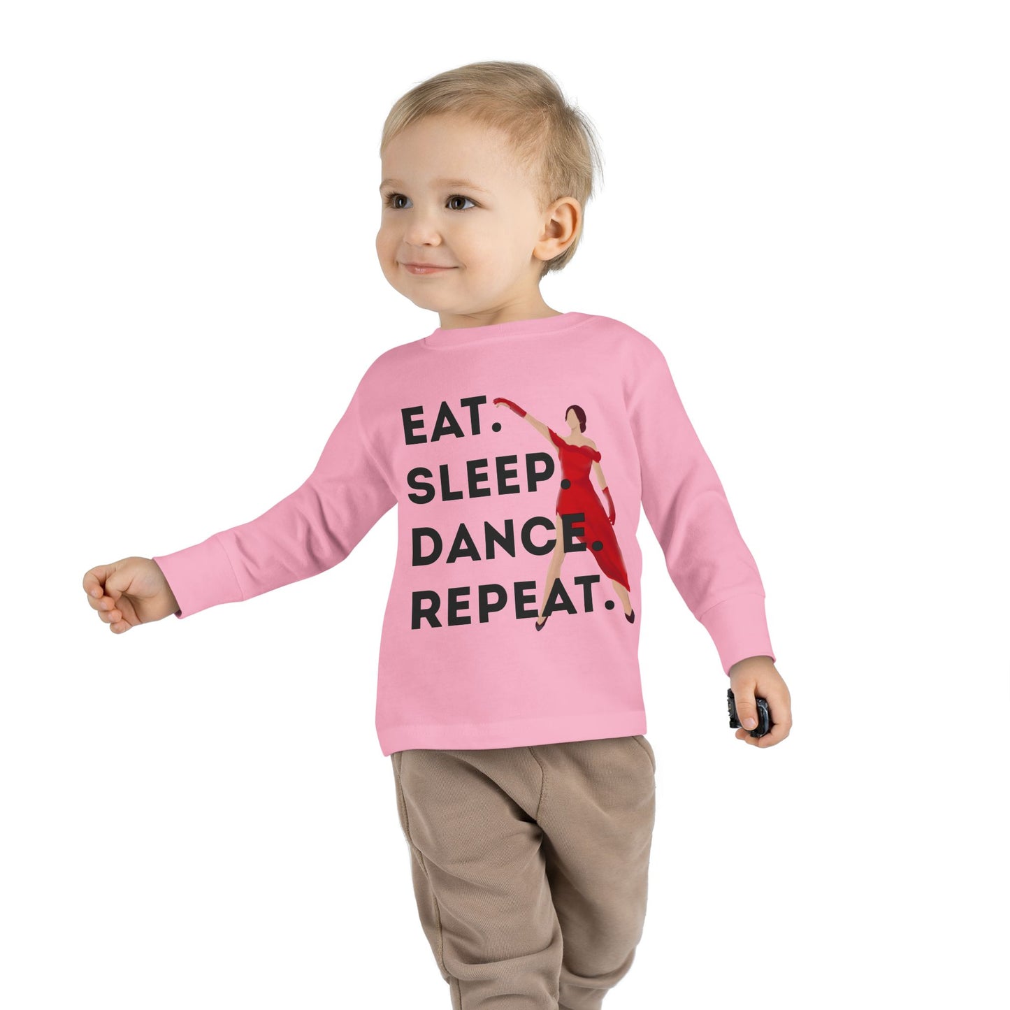 "Eat, Sleep, Dance, Repeat" Toddler Dance Long Sleeve T-Shirt – Bold Dancer Graphic Shirt for Kids