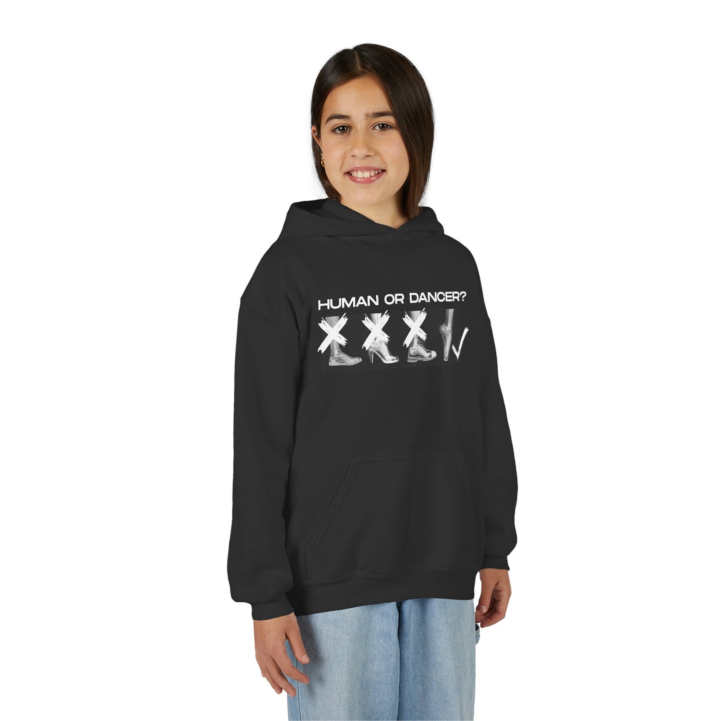 “Human or Dancer” Unisex Youth Hoodie with Cute X-Ray Ballet Feet Graphic – Personalized Dance Hoodie for Kids & Teens, Custom Name or Studio Option