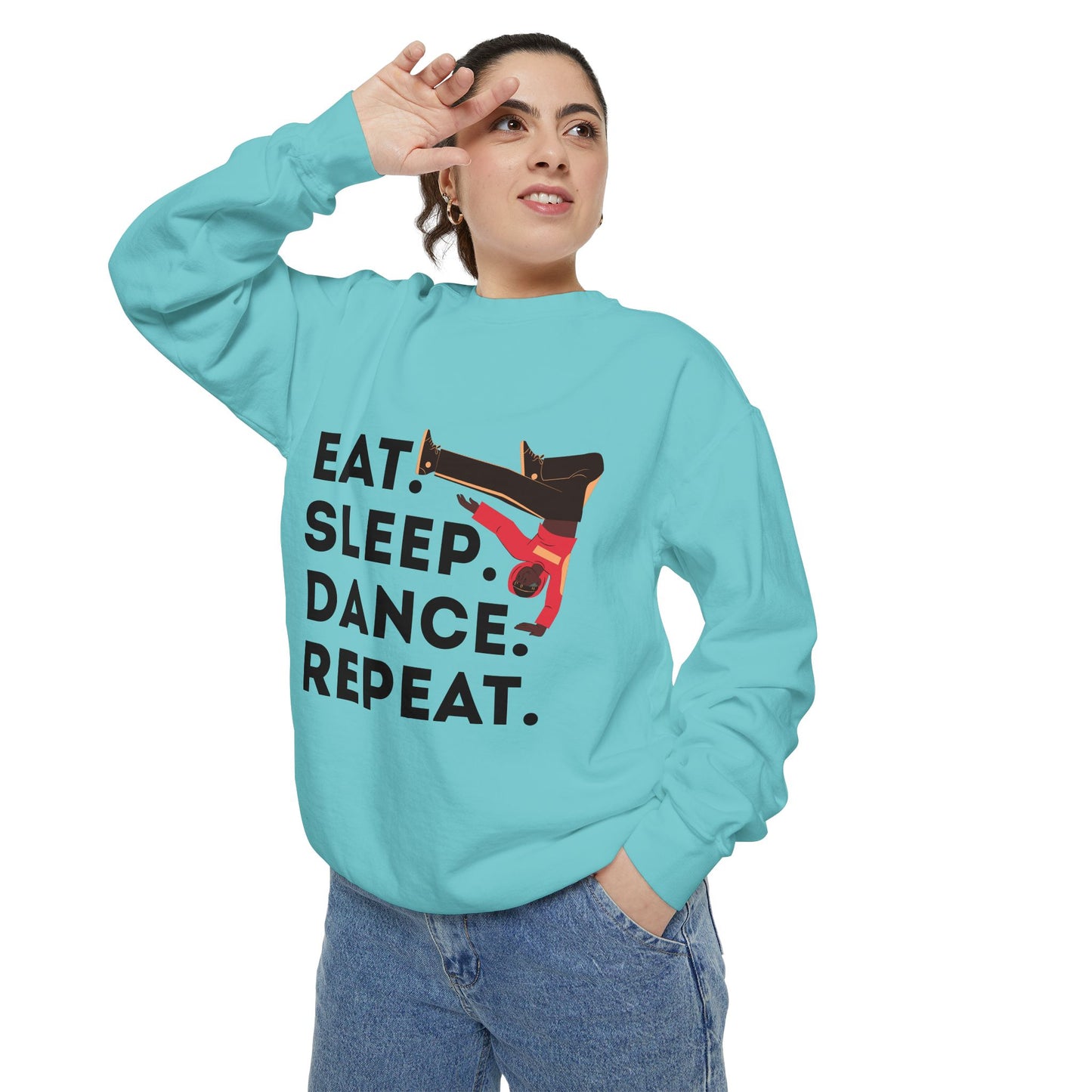 "Eat, Sleep, Dance, Repeat." Unisex Lightweight Crewneck Sweatshirt – Bold B-Boy Graphic Pullover for Hip-Hop Dancers & Street Style Fans