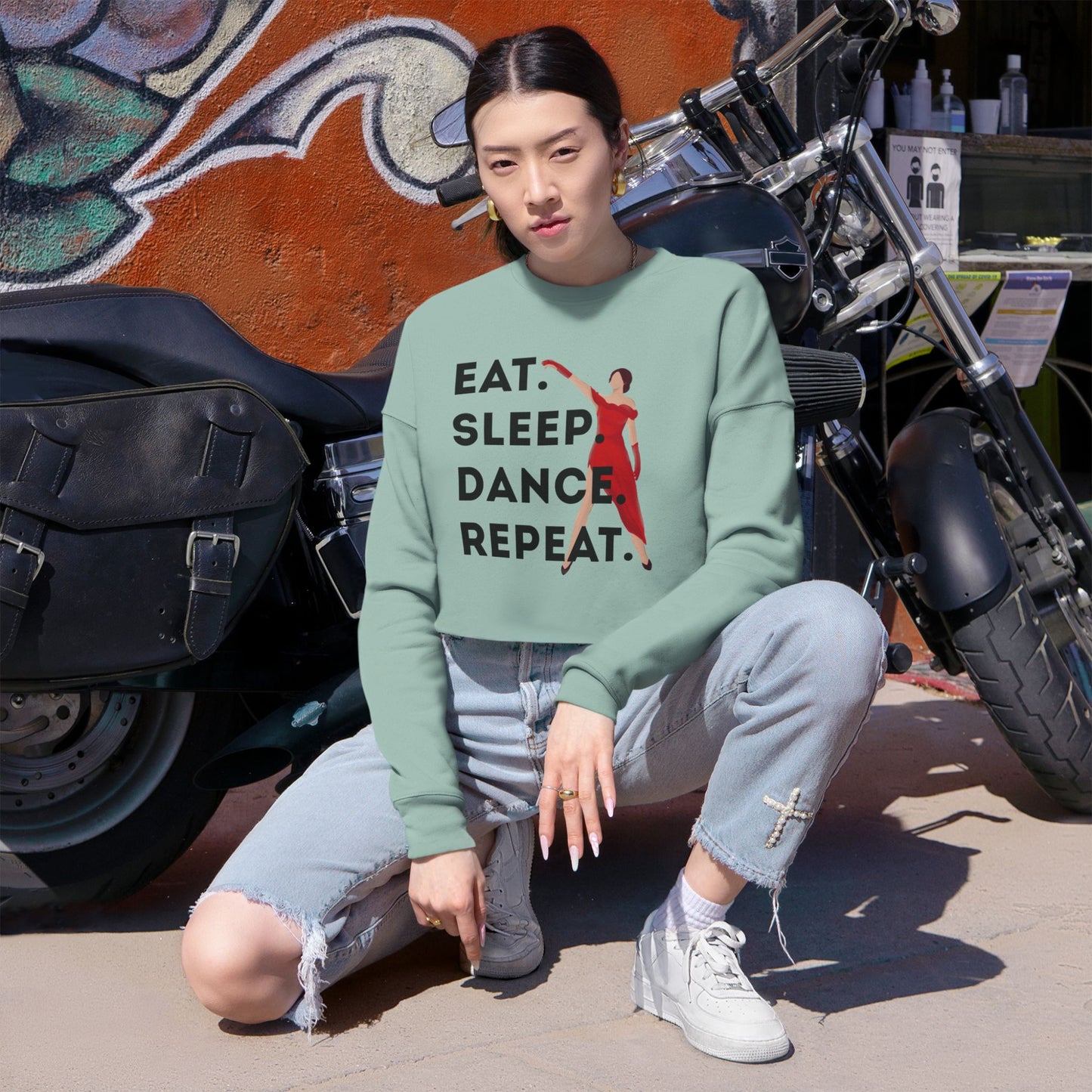 "Eat, Sleep, Dance, Repeat" Women’s Cropped Dance Sweatshirt – Bold Dancer Graphic | Trendy Streetwear for Dance Lovers & Performers