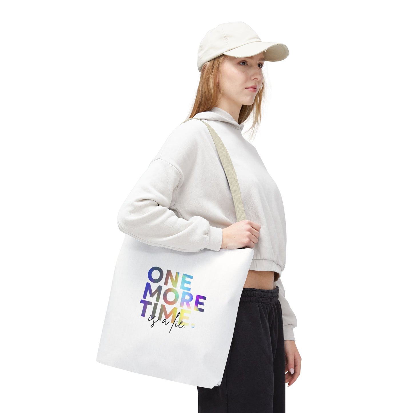 "One More Time Is a Lie" Dance Quote Canvas Tote Bag – Funny Colorful Text Graphic Dance Bag for Rehearsals, Studio & Everyday Use