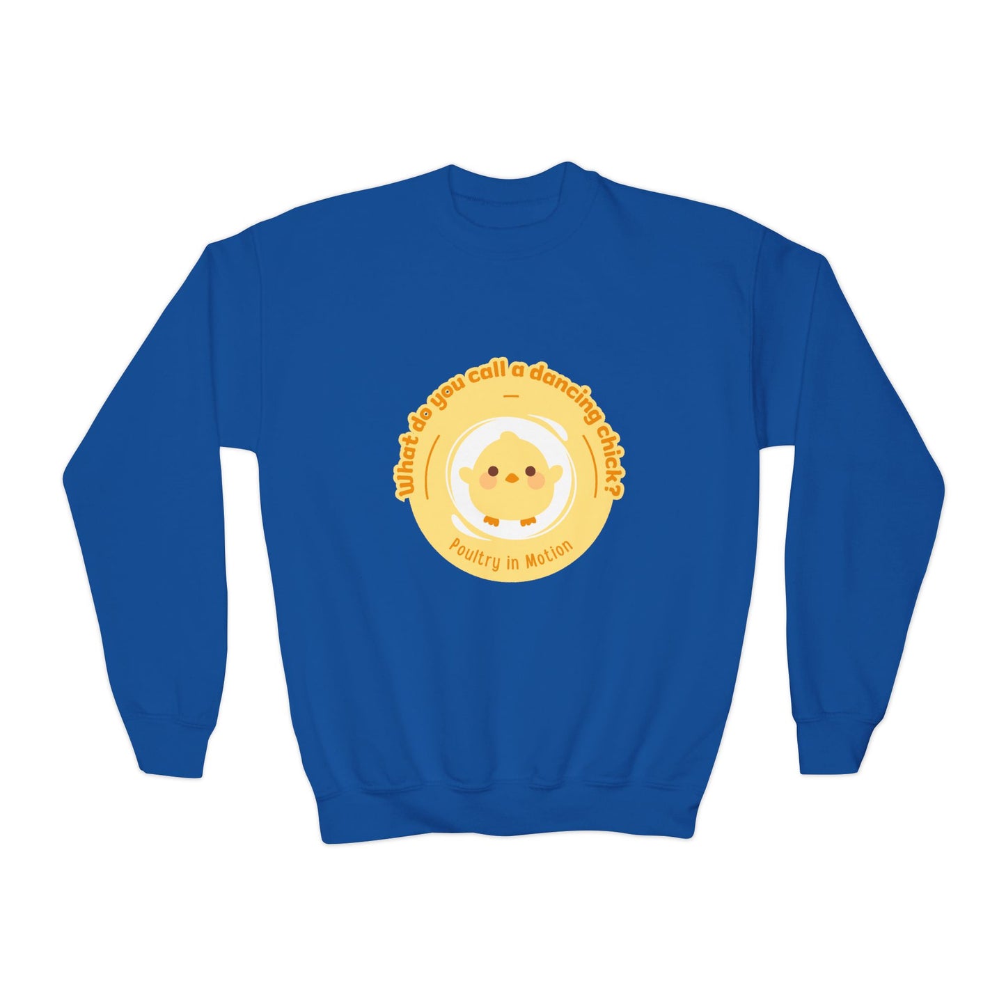 "What do you call a dancing chick? Poultry in Motion." – Funny Dance Pun Youth Crewneck Sweatshirt | Cute Dancing Chicken Kids Pullover