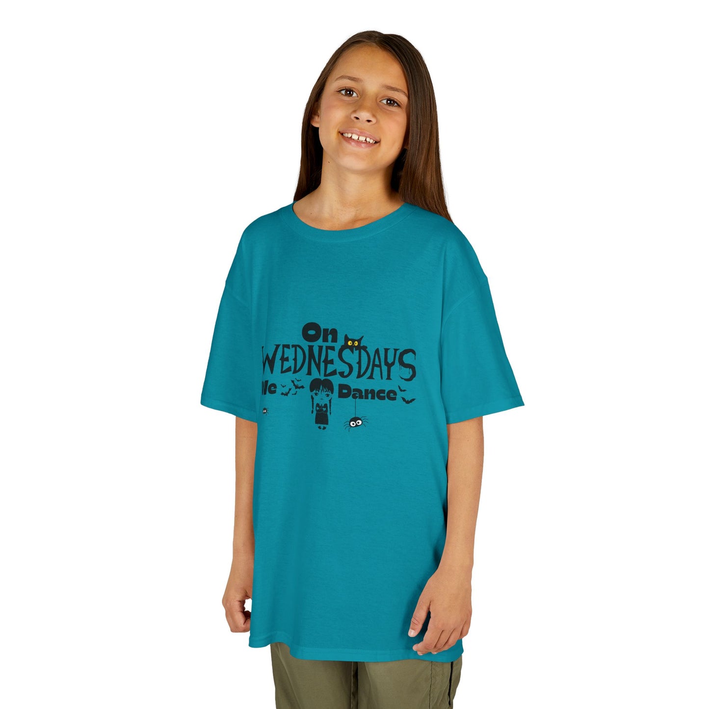 “On Wednesdays We Dance” Gothic Halloween T-Shirt with Cute Girl, Black Cat, Spiders & Bats - Kids Heavy Cotton™ Tee