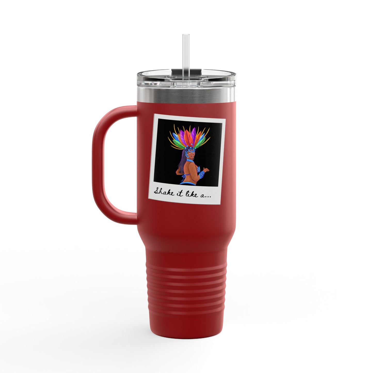 "Shake It Like a..." 40oz Insulated Travel Mug – Carnival Samba Dancer Graphic | Fun Dance-Themed Stainless Steel Tumbler for Hot & Cold Drinks