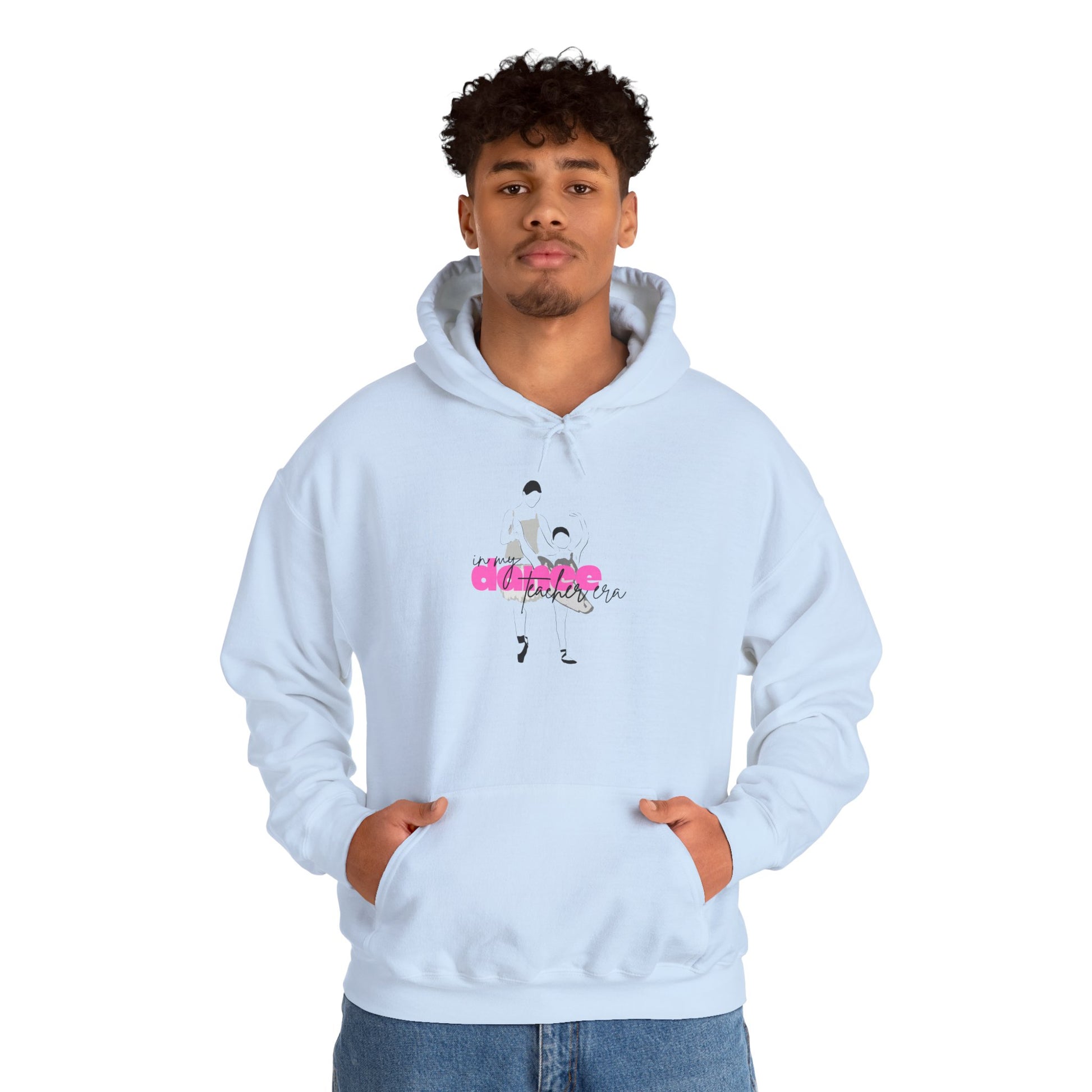 Person wearing a light blue hoodie with a graphic design on a white background