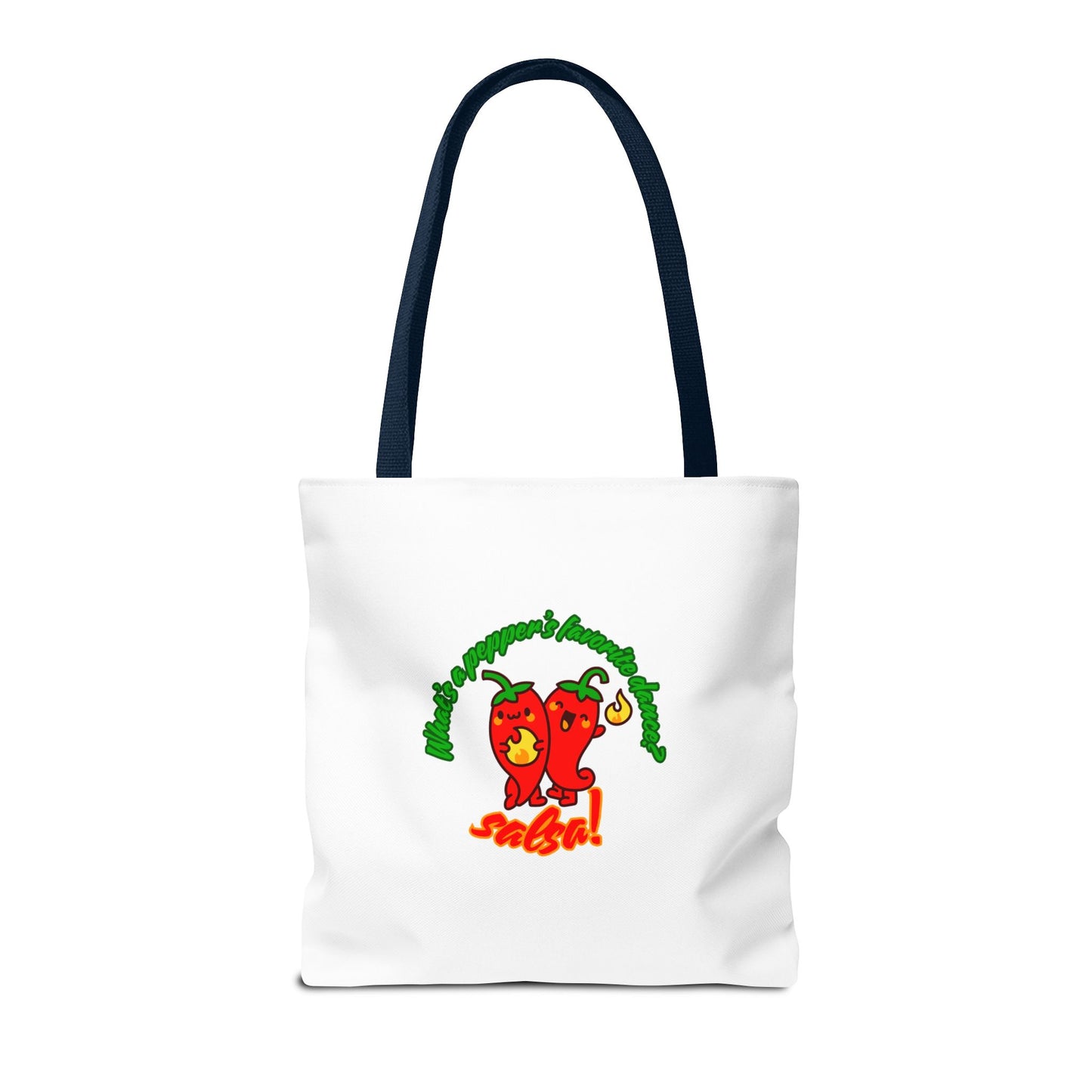 “What’s a Pepper’s Favorite Dance? Salsa!” Salsa Dance Pun Tote Bag – Funny Kawaii Pepper Graphic Canvas Bag for Dancers & Food Lovers