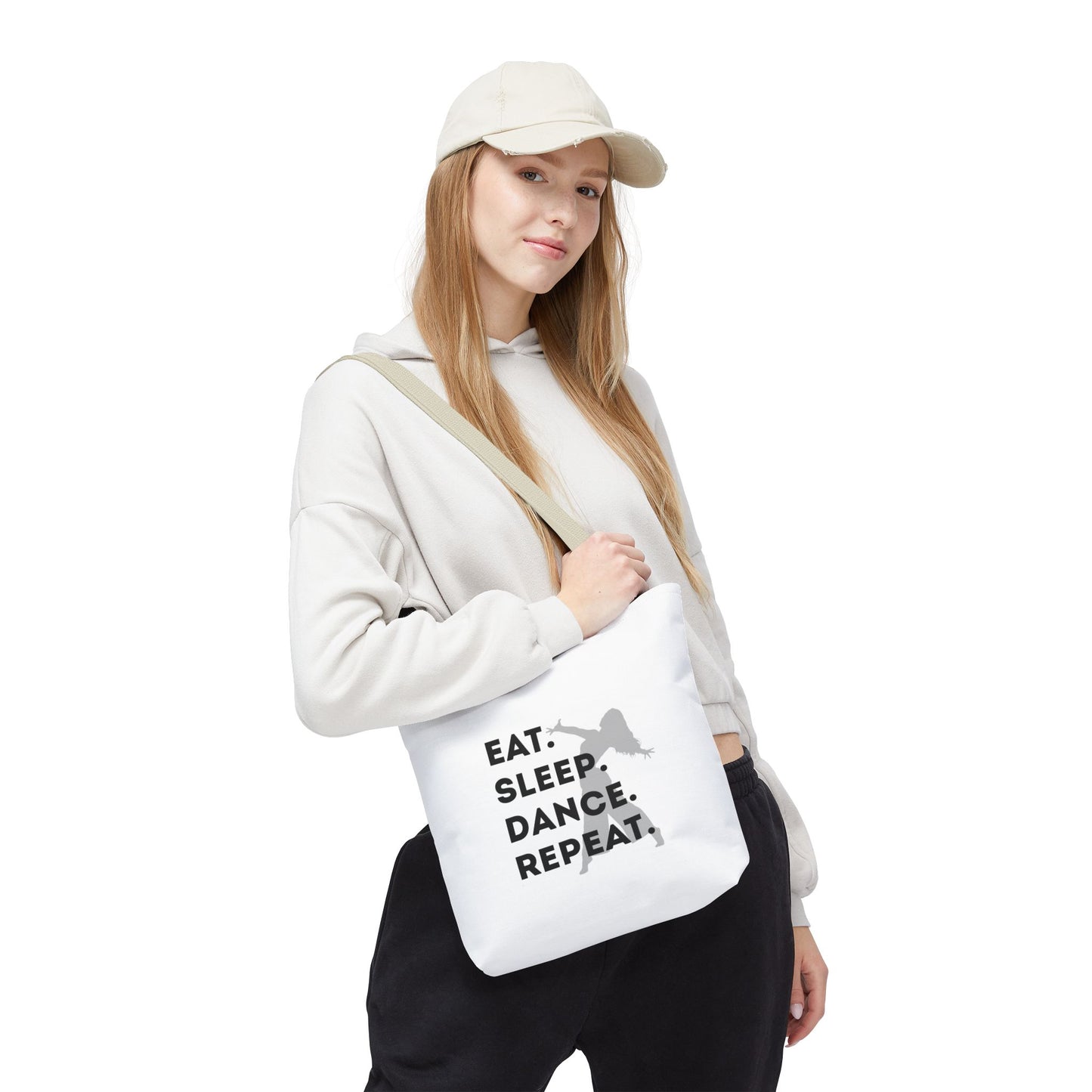 "Eat Sleep Dance Repeat" Canvas Tote Bag – Gray Dancer Silhouette Dance-Themed Reusable Shoulder Bag for Dancers, Studio, or Everyday Use