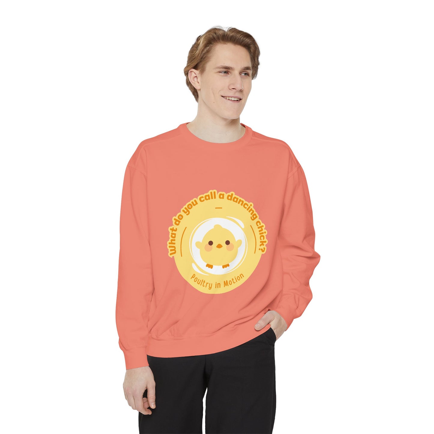 "What Do You Call a Dancing Chick? Poultry in Motion" Unisex Lightweight Crewneck Sweatshirt – Funny Dance Pun Pullover with Colorful Text Graphic for Dancers & Humor Lovers