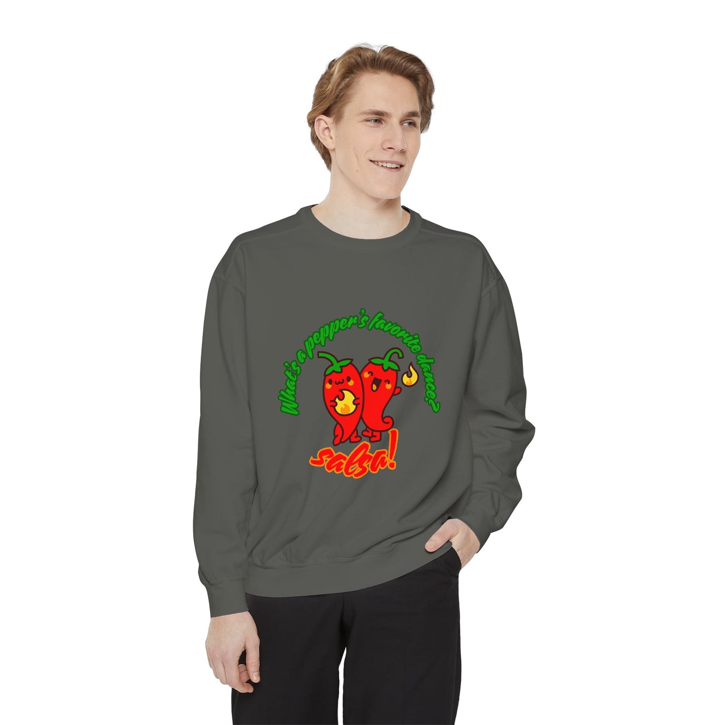"What's a Pepper's Favorite Dance? Salsa!" Unisex Lightweight Crewneck Sweatshirt – Fun Dance Pun Pullover with Cute Pepper Graphic for Dancers & Food Lovers