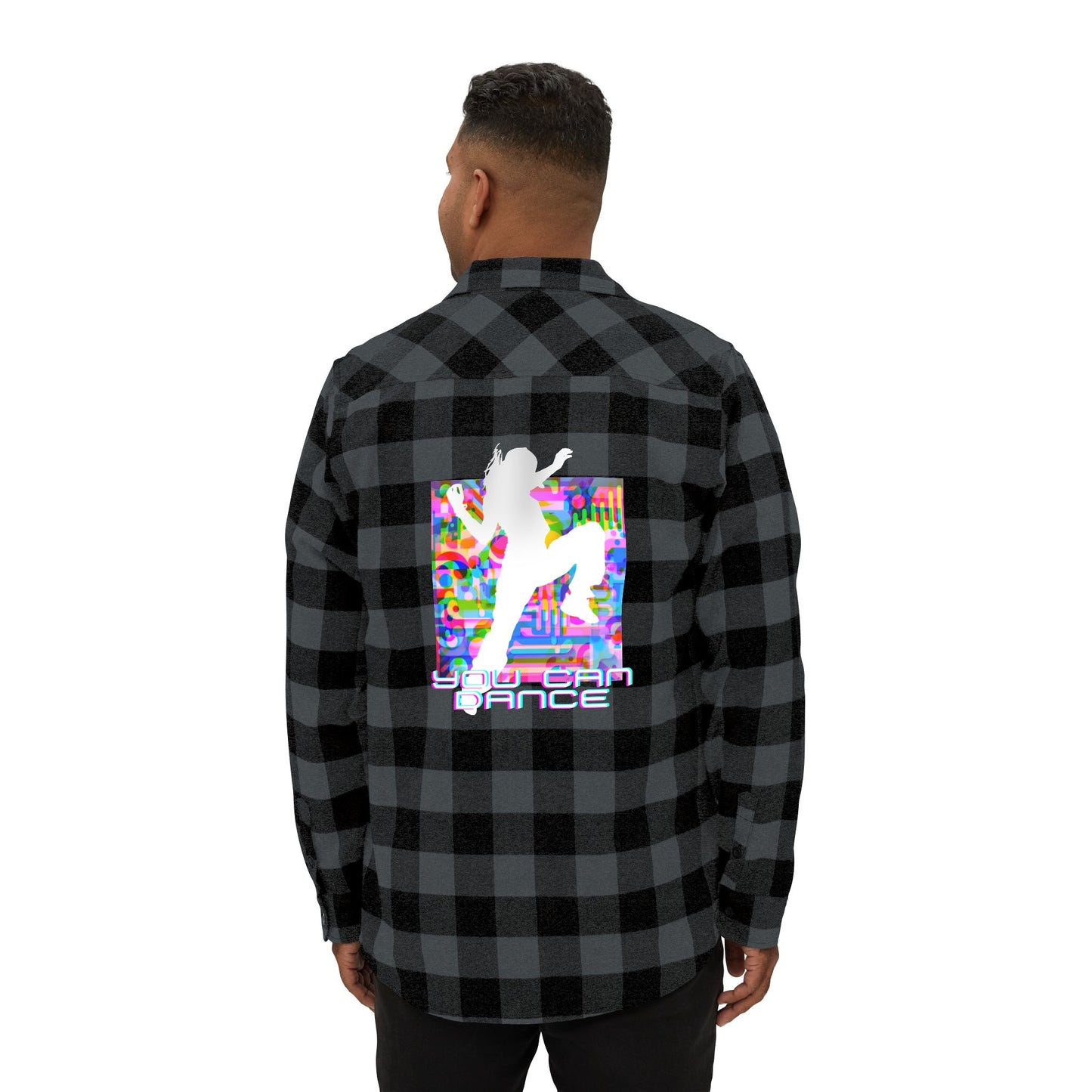 Levels Premium Collection Flannel Shirt – Unisex Streetwear Button-Up with "Levels Pictures Textures" Front Text and Bold Dancer Silhouette Back Graphic