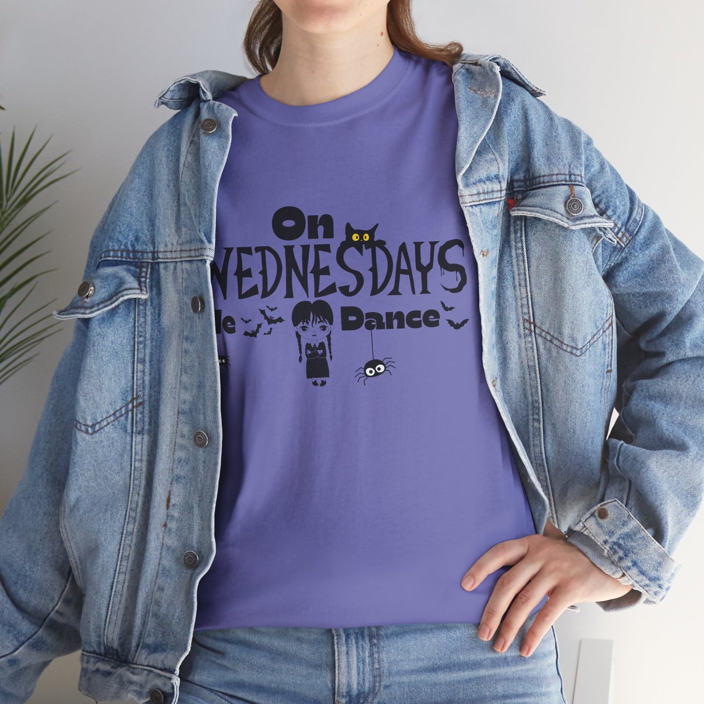 “On Wednesdays We Dance” Gothic Halloween T-Shirt with Cute Girl, Black Cat, Spiders & Bats - Unisex Heavy Cotton Tee