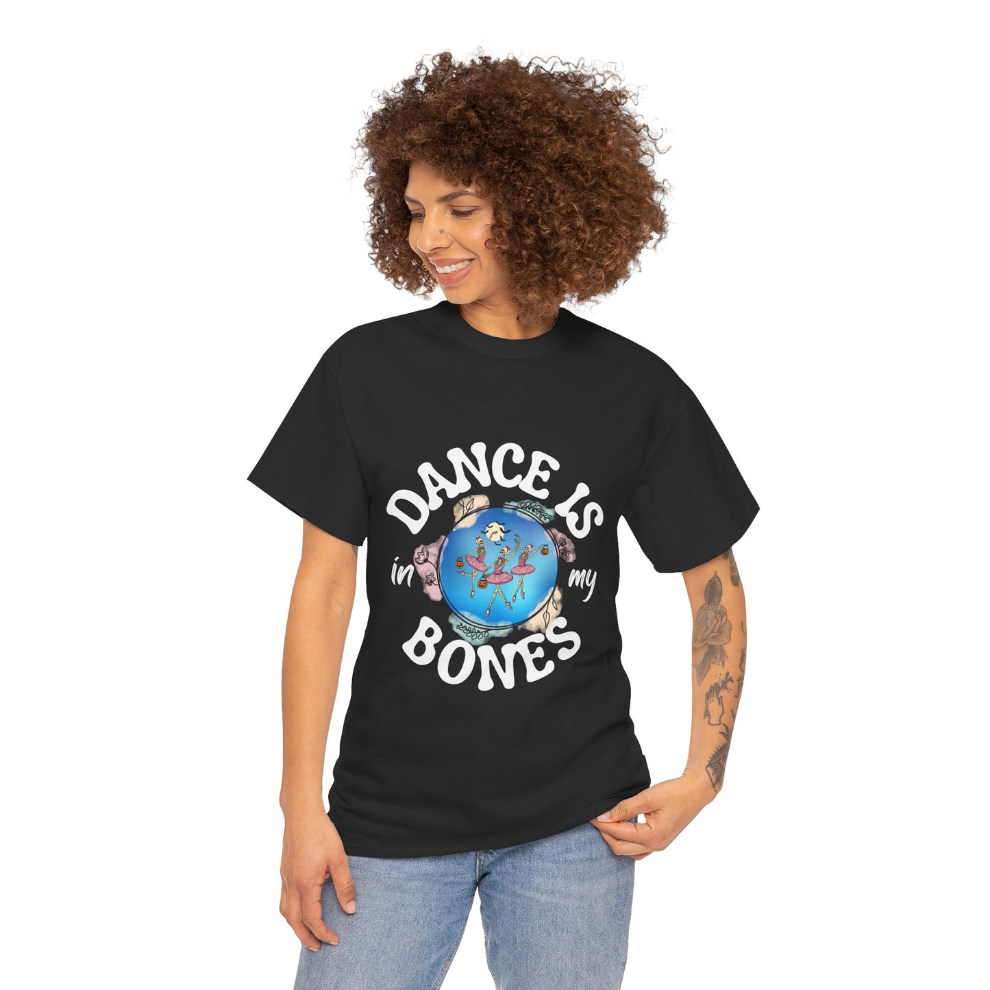 “Dance Is in My Bones” Halloween Dance T-Shirt with Dancing Skeletons Graphic - Unisex Heavy Cotton Tee