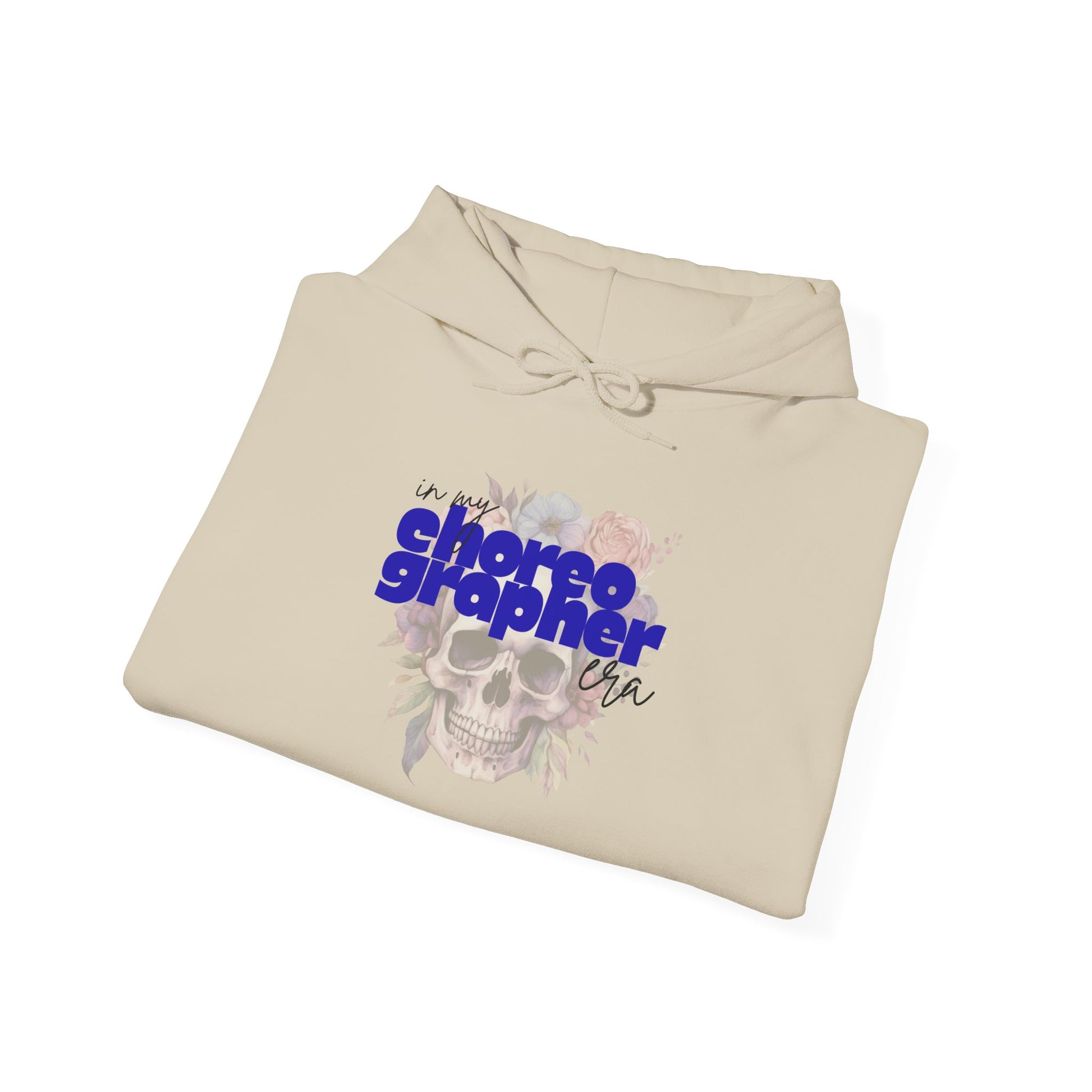 Beige hoodie with 'in my choreographer era' text and floral design on a white background