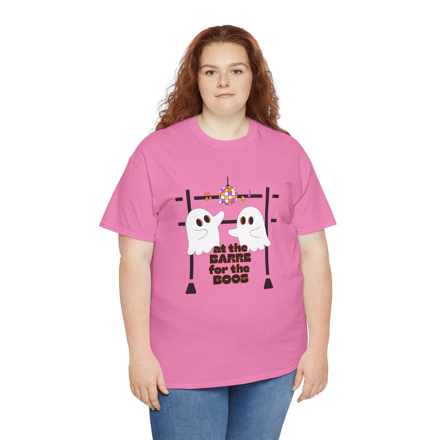 “At the Barre for the Boos” Dance Halloween T-Shirt with Cute Ghost Ballet Graphics - Unisex Heavy Cotton Tee