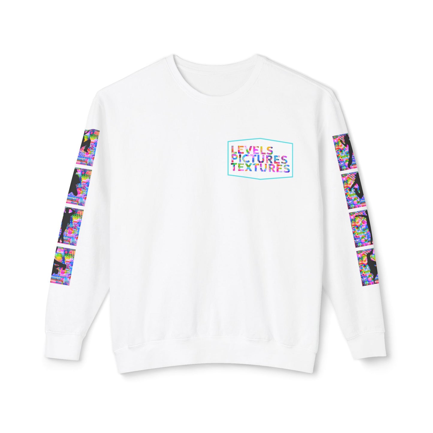 Levels Premium Collection Dance Crewneck Sweatshirt – Vibrant Unisex Streetwear Pullover with "Levels Pictures Textures" Front Text and Dancer Silhouettes on Sleeves