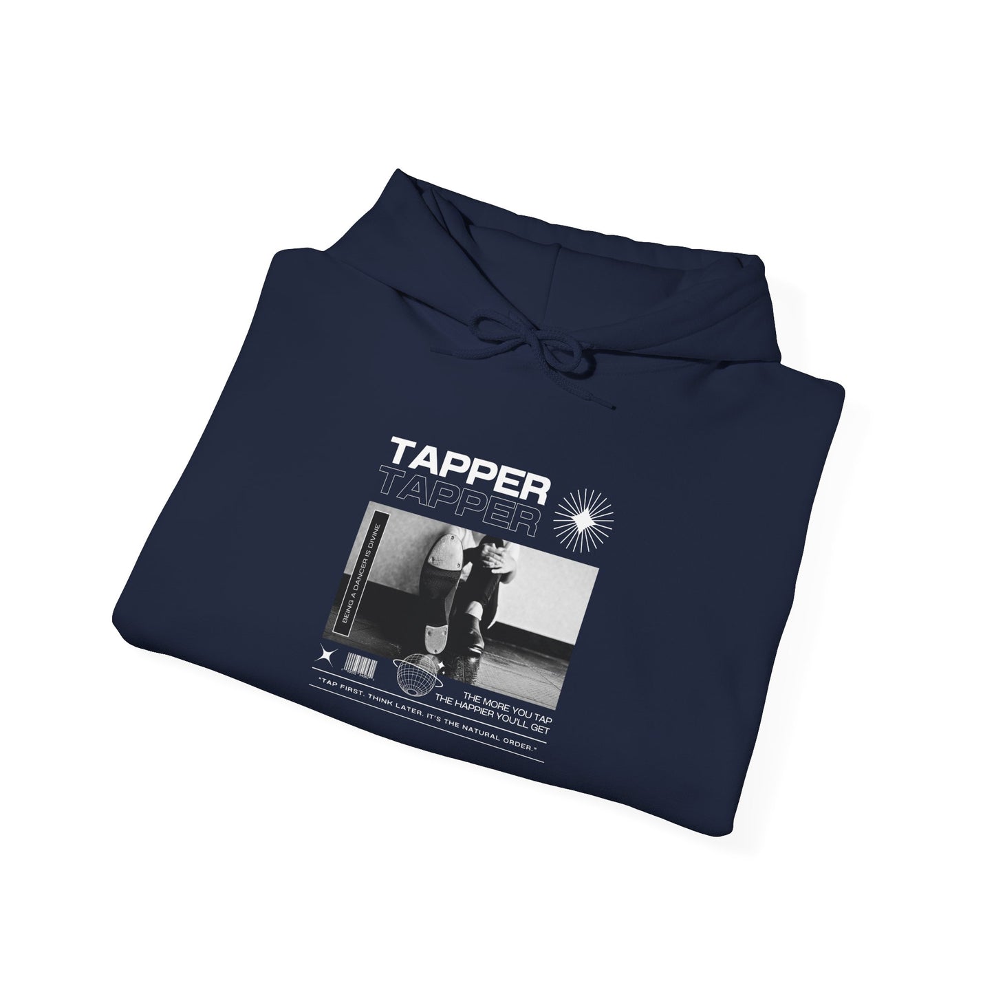 “Tapper” Tap Dance Text with Streetwear-Style Tap Shoes Graphic – Unisex Heavy Blend™ Hooded Sweatshirt – Cozy Dance Hoodie for Tap Dancers & Performing Arts Fans