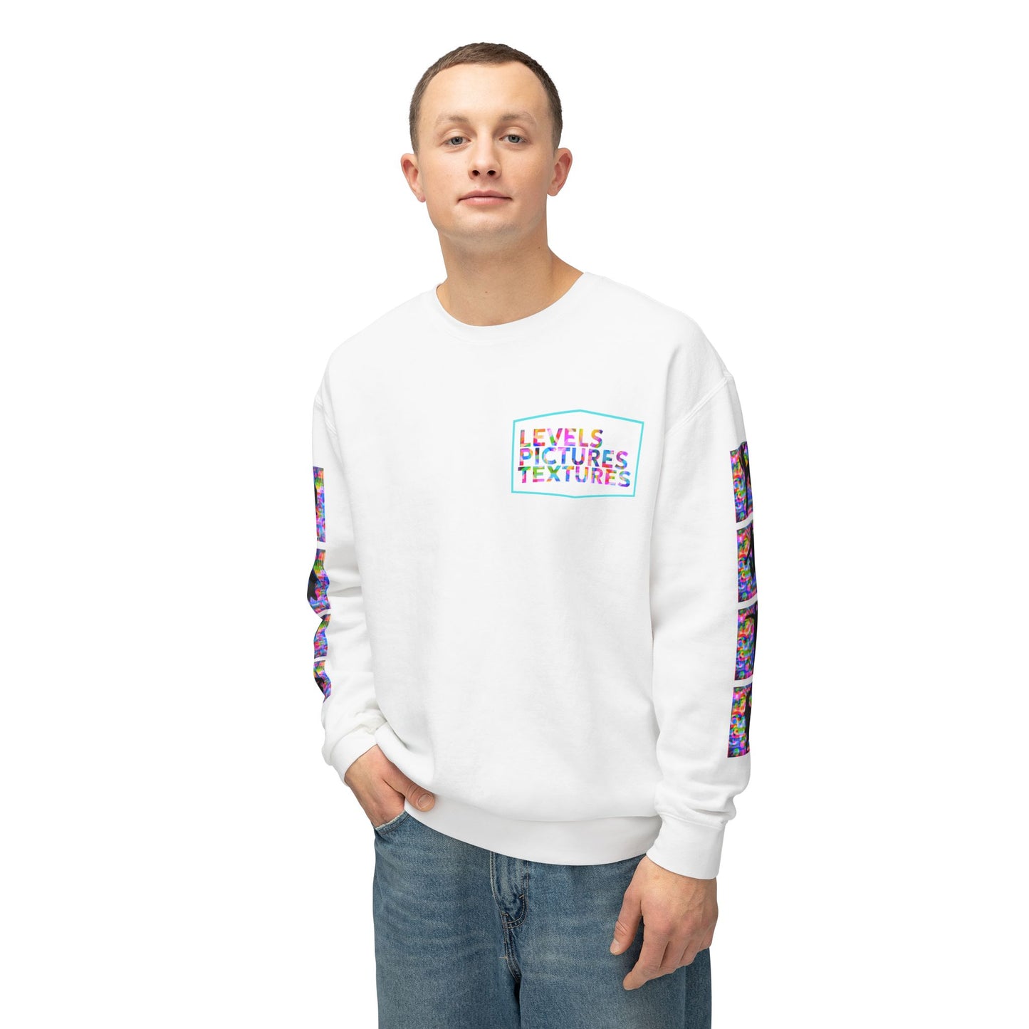 Levels Premium Collection Dance Crewneck Sweatshirt – Vibrant Unisex Streetwear Pullover with "Levels Pictures Textures" Front Text and Dancer Silhouettes on Sleeves