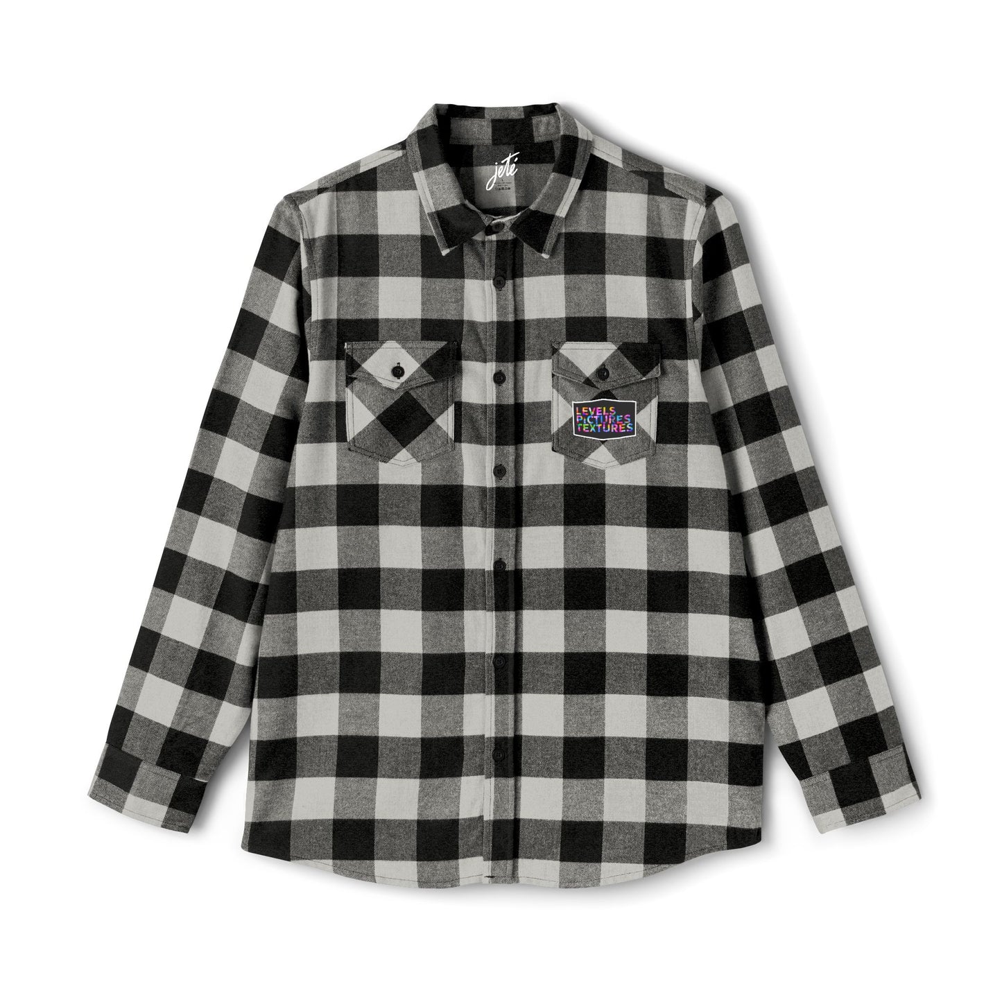 Levels Premium Collection Flannel Shirt – Unisex Streetwear Button-Up with "Levels Pictures Textures" Front Text and Bold Dancer Silhouette Back Graphic