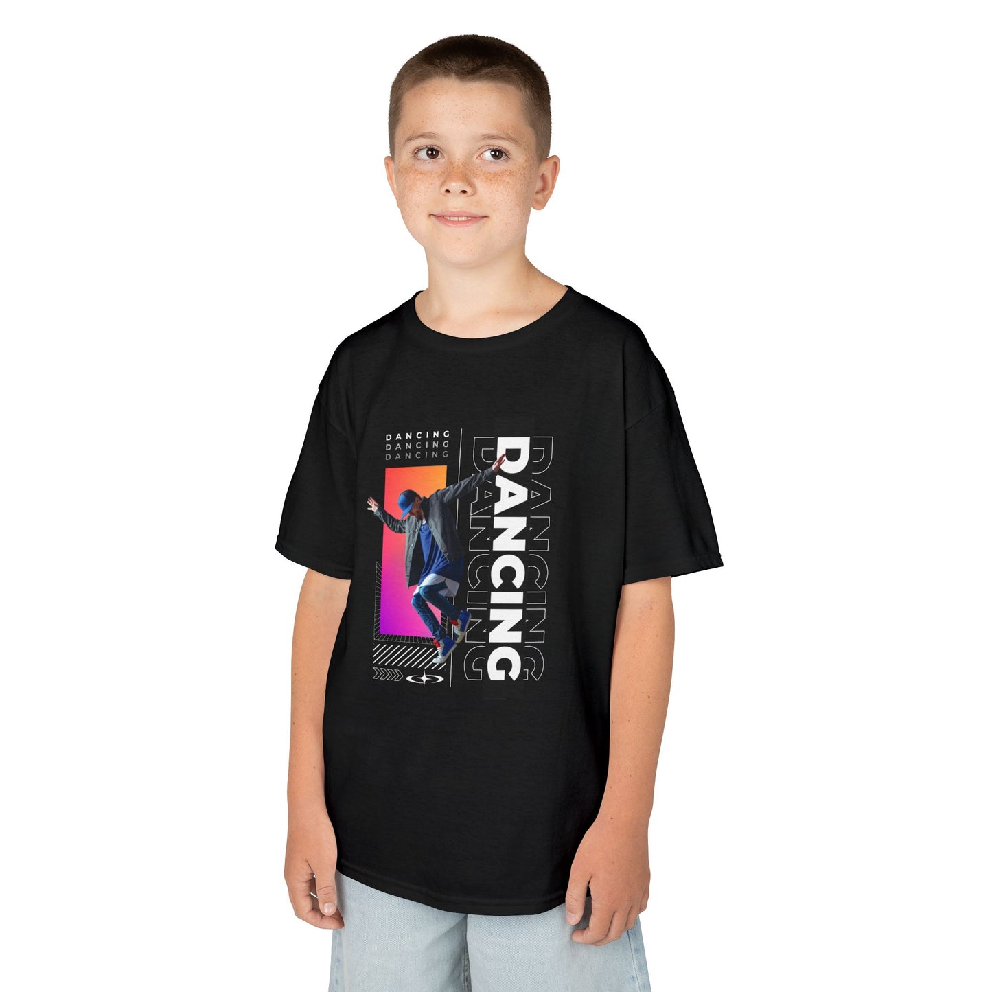 “Dancing” Youth Short Sleeve T-Shirt – Streetwear-Inspired Male Dancer Graphic – Stylish Kids Dance Apparel Tee