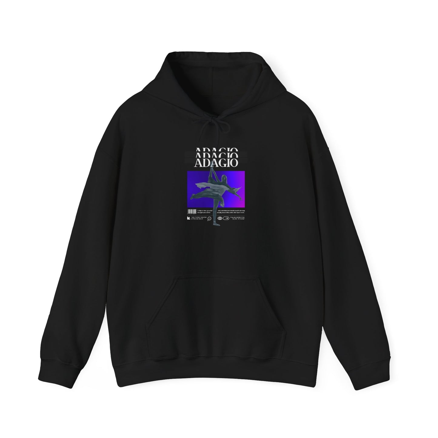 Black hoodie with a graphic design on a white background