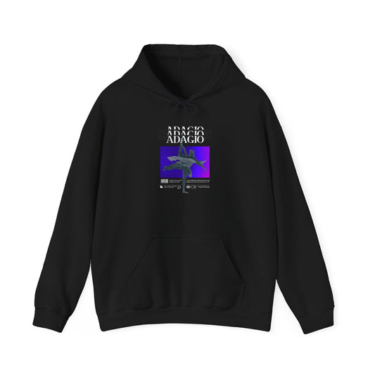 Black hoodie with a graphic design on a white background