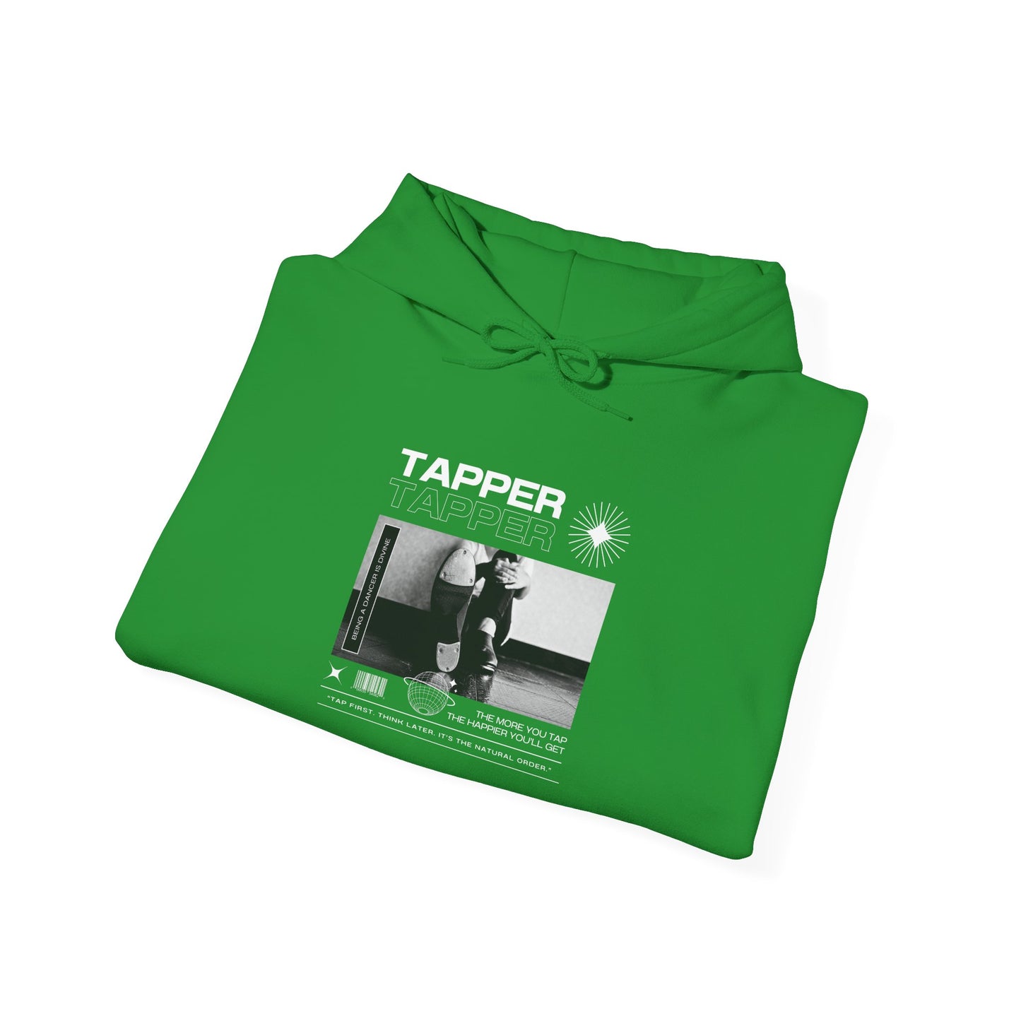 “Tapper” Tap Dance Text with Streetwear-Style Tap Shoes Graphic – Unisex Heavy Blend™ Hooded Sweatshirt – Cozy Dance Hoodie for Tap Dancers & Performing Arts Fans