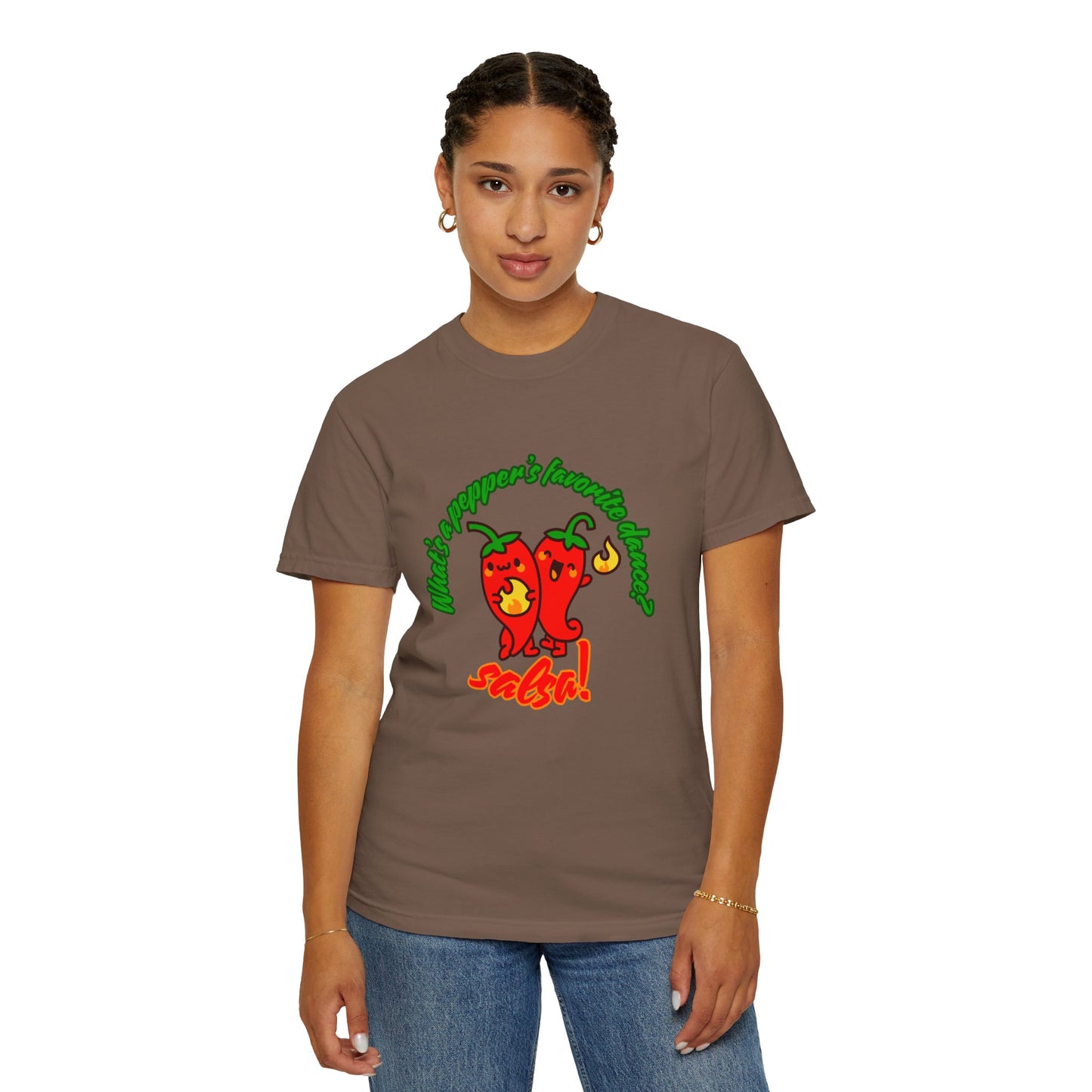 "What's a Pepper's Favorite Dance? Salsa!" Dance Pun Unisex Garment-Dyed T-Shirt – Funny Dance Joke Tee with Cute Pepper Graphic – Dance Humor Shirt for Food & Pun Lovers
