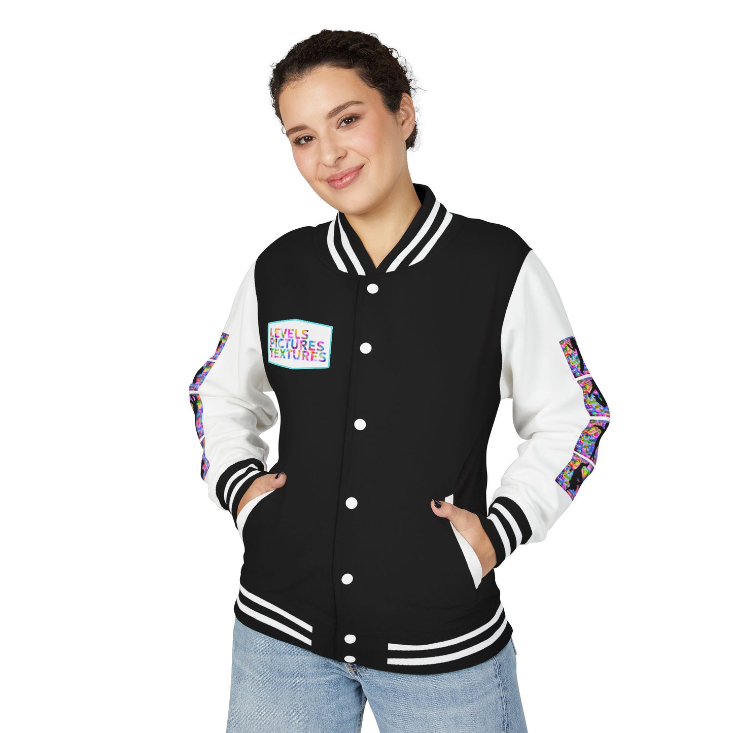Levels Premium Collection Dance Letterman Jacket β Colorful Unisex Streetwear Varsity Jacket with "Levels Pictures Textures" Front and Dancer Silhouette Back Graphic