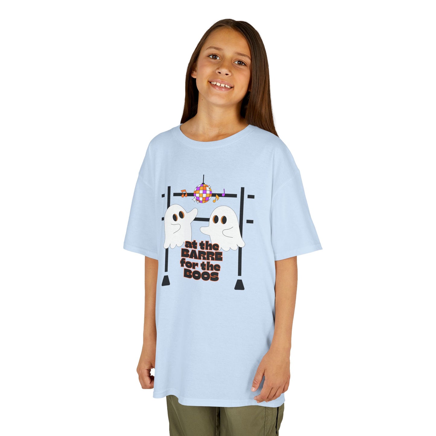 “At the Barre for the Boos” Halloween Dance T-Shirt with Cute Ghost Ballet Graphics - Kids Heavy Cotton™ Tee