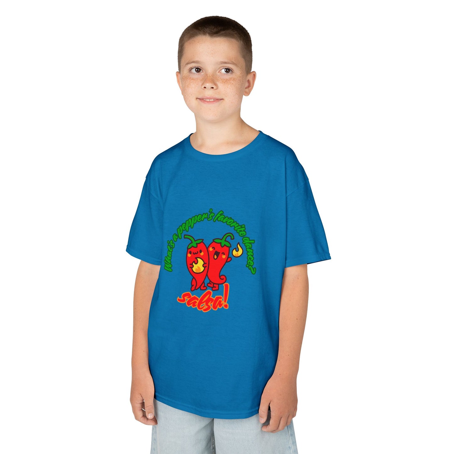 "What’s a Pepper’s Favorite Dance? Salsa!" Youth Short Sleeve Tee – Funny Dance Shirt with Cute Pepper Graphic for Kids