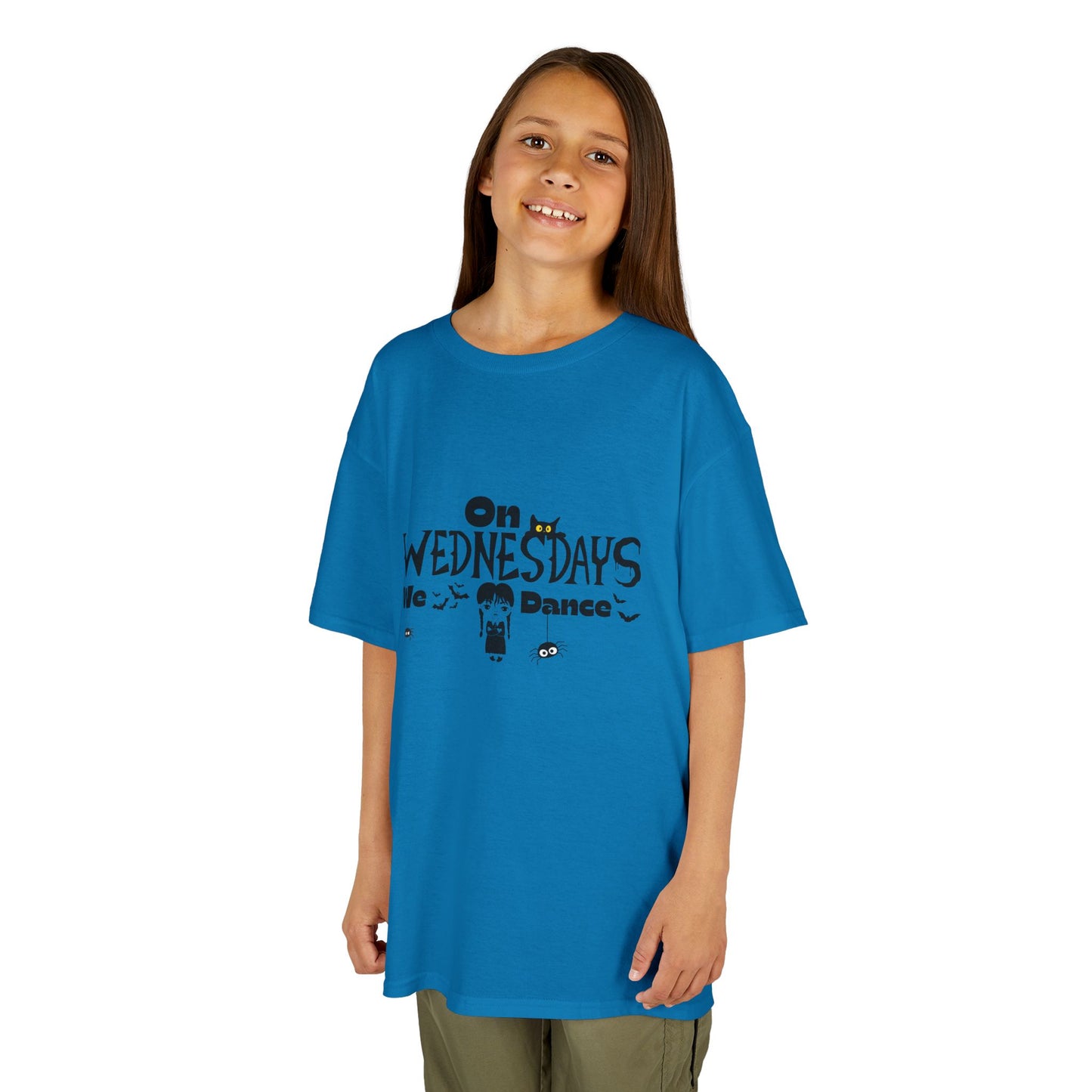 “On Wednesdays We Dance” Gothic Halloween T-Shirt with Cute Girl, Black Cat, Spiders & Bats - Kids Heavy Cotton™ Tee