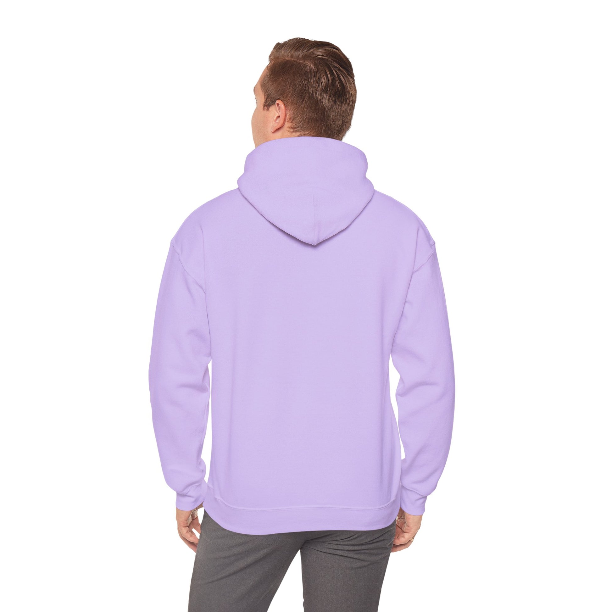 Person wearing a light purple hoodie on a white background