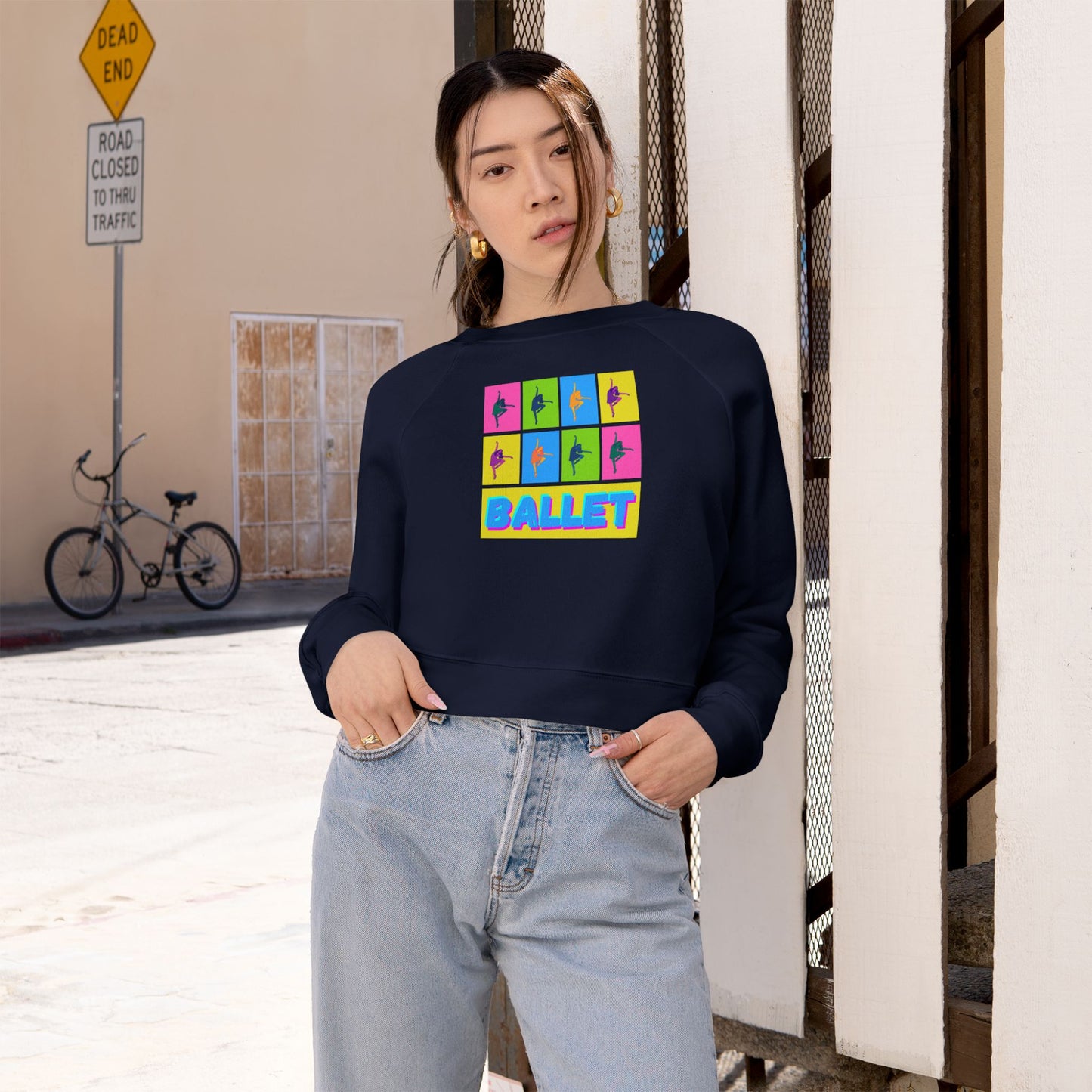 “Ballet” Pop Art Inspired Design with Ballet Dancer Graphics | Streetwear-Inspired Ballet Dance Sweatshirt for Dancers & Enthusiasts - Women’s Cropped Sweatshirt
