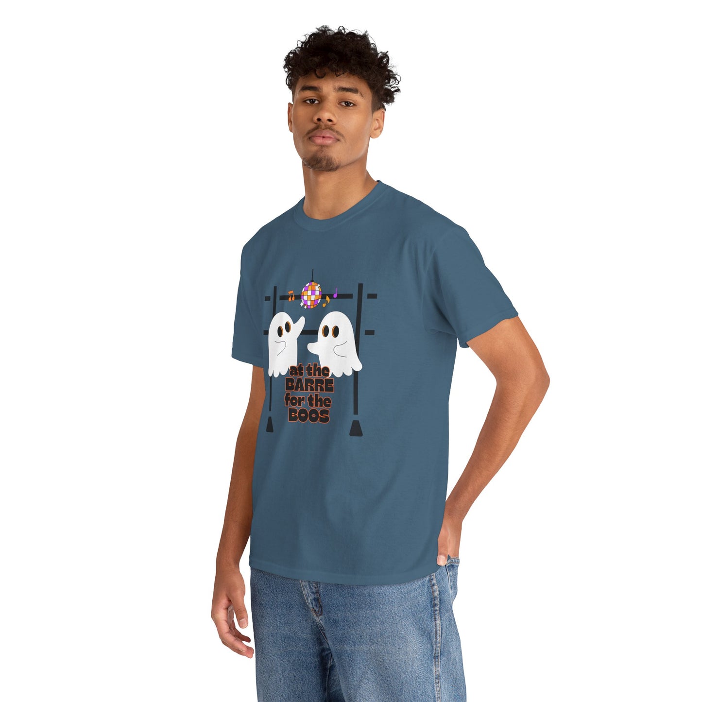 “At the Barre for the Boos” Dance Halloween T-Shirt with Cute Ghost Ballet Graphics - Unisex Heavy Cotton Tee