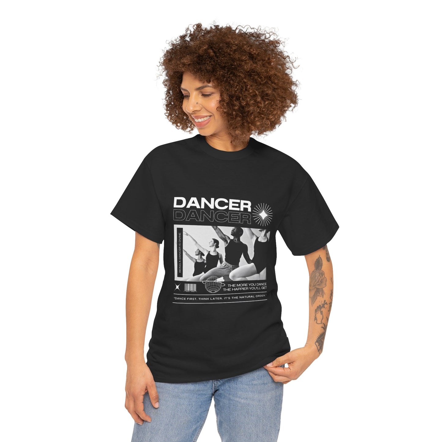 "Dancer" with ballet dancers at the Barre - Unisex Heavy Cotton Tee | Streetwear-Inspired Ballet Training Graphic T-Shirt for Dance Lovers