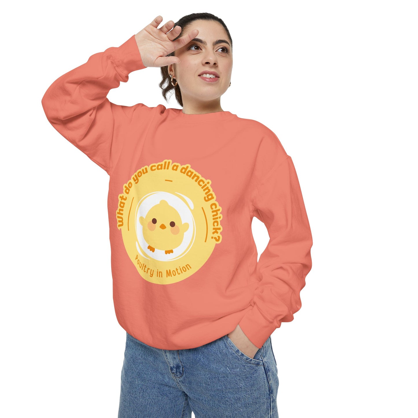 "What Do You Call a Dancing Chick? Poultry in Motion" Unisex Lightweight Crewneck Sweatshirt – Funny Dance Pun Pullover with Colorful Text Graphic for Dancers & Humor Lovers