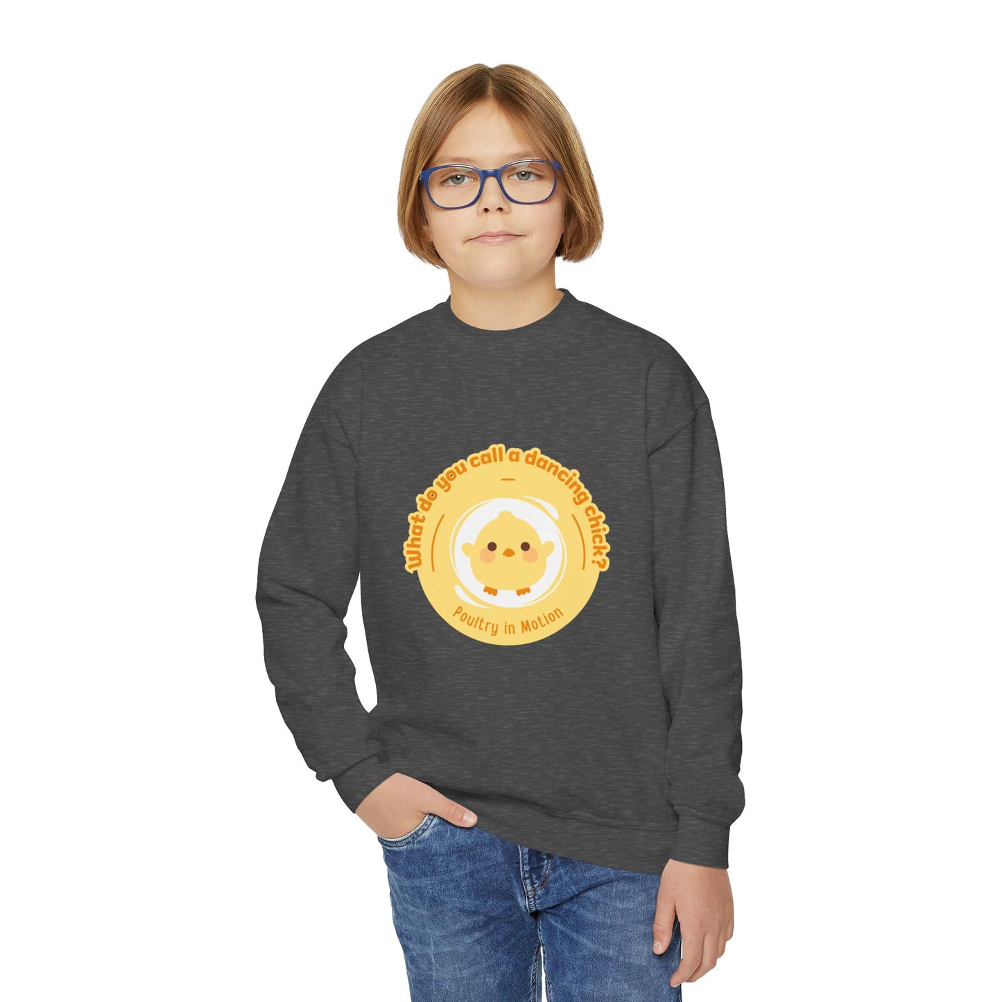 "What do you call a dancing chick? Poultry in Motion." – Funny Dance Pun Youth Crewneck Sweatshirt | Cute Dancing Chicken Kids Pullover