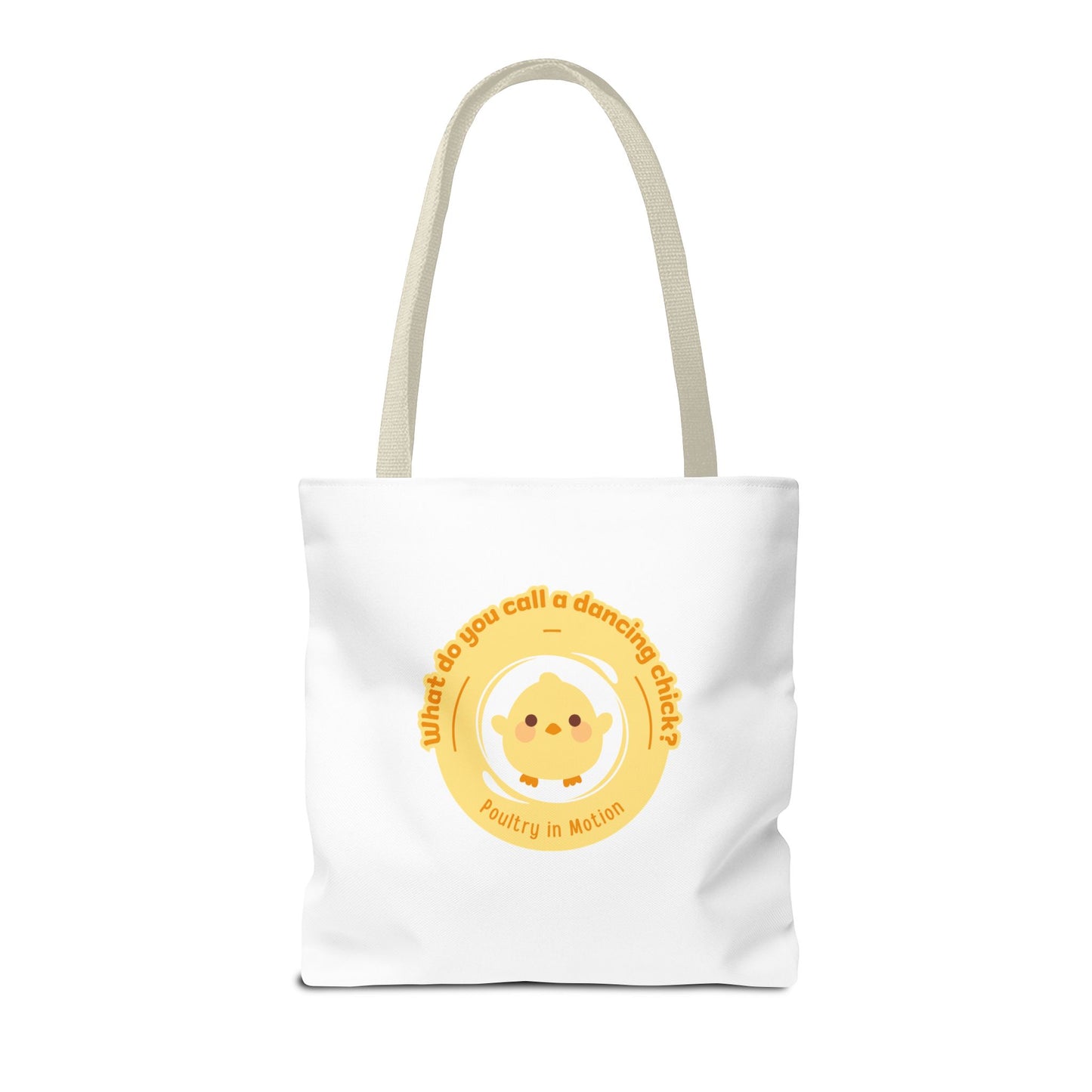 "What do you call a dancing chick? Poultry in Motion" Funny Dance Tote Bag – Kawaii Chicken Canvas Tote for Dancers & Dance Lovers