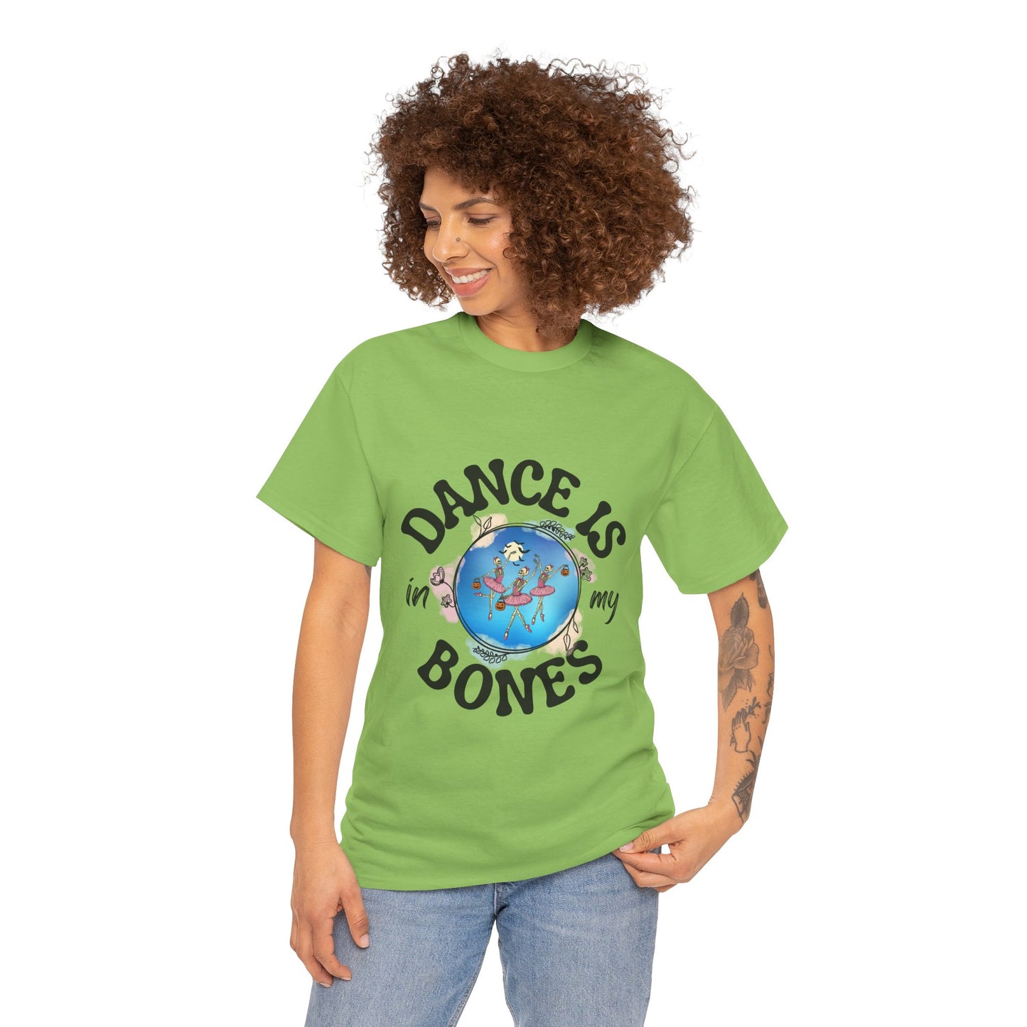 “Dance Is in My Bones” Halloween Dance T-Shirt with Dancing Skeletons Graphic - Unisex Heavy Cotton Tee
