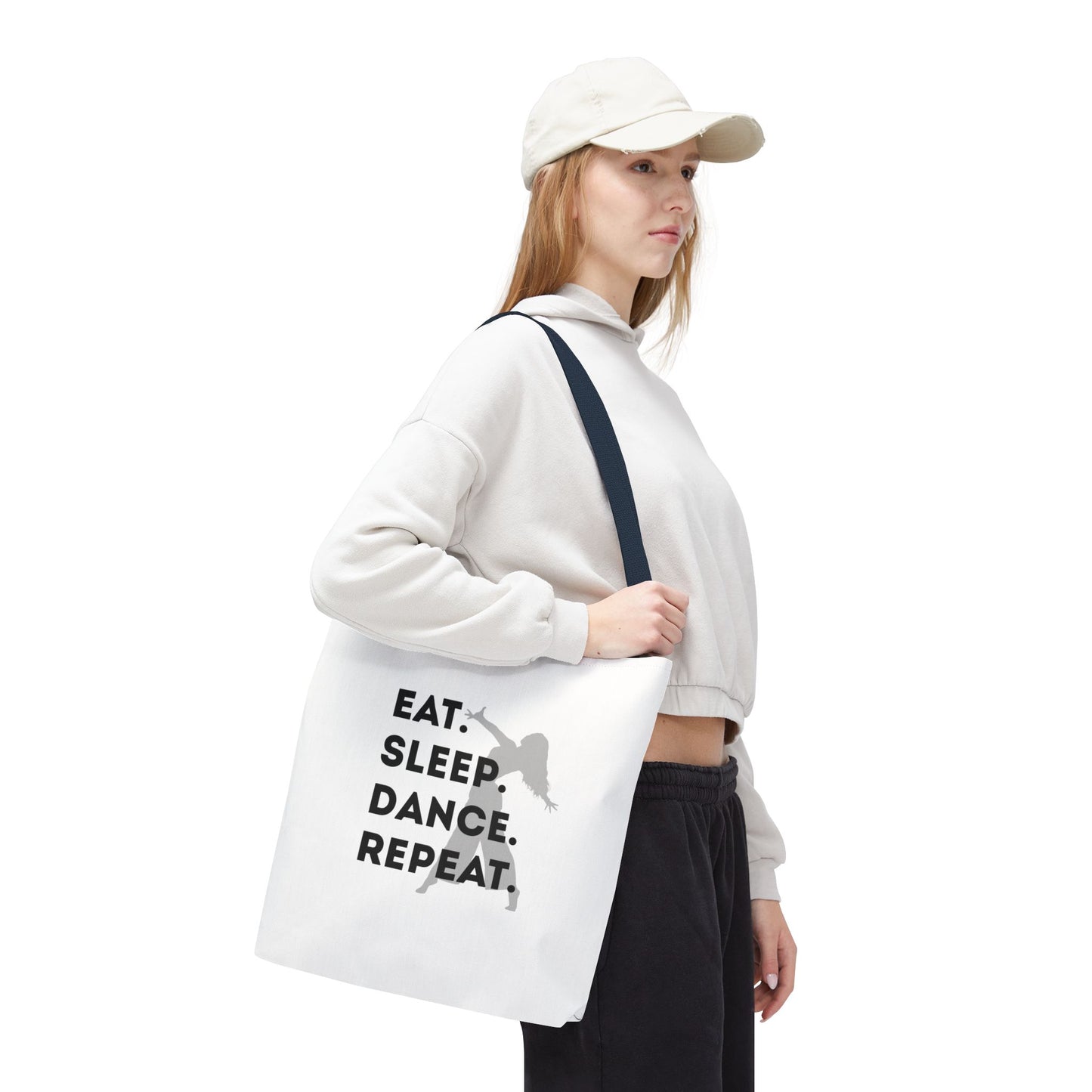 "Eat Sleep Dance Repeat" Canvas Tote Bag – Gray Dancer Silhouette Dance-Themed Reusable Shoulder Bag for Dancers, Studio, or Everyday Use