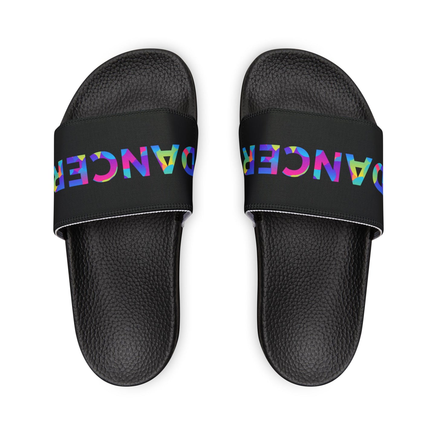 YOUTH SIZES - “Dancer” Colorful Text – Dance-Inspired Custom Slides with Removable Straps | Youth Sandal Slides