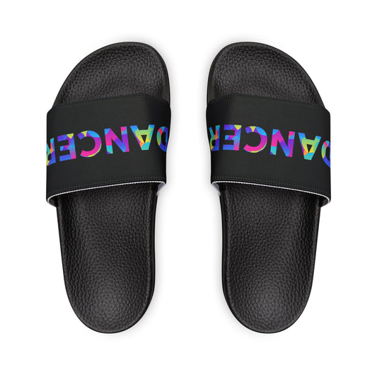 YOUTH SIZES - “Dancer” Colorful Text – Dance-Inspired Custom Slides with Removable Straps | Youth Sandal Slides