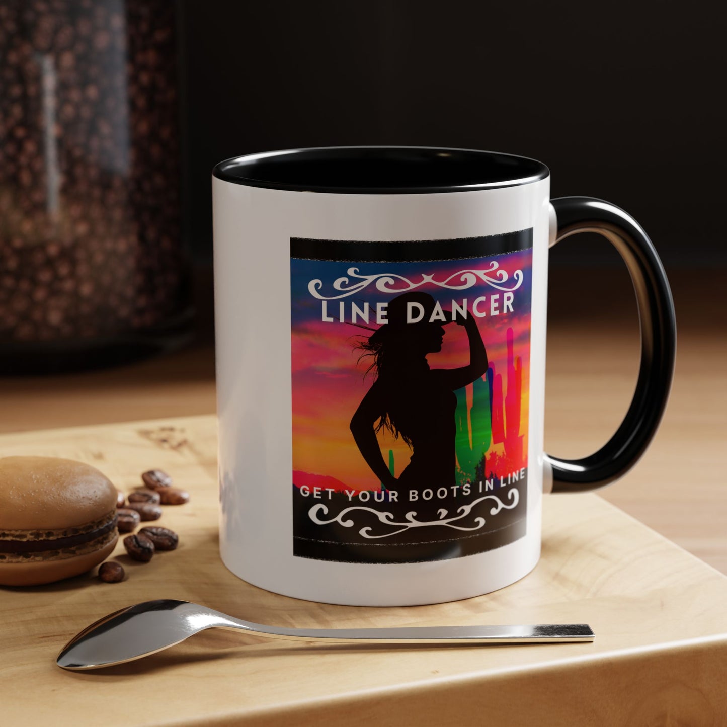 "Line Dancer" Accent Coffee Mug – Cute Cowgirl Graphic Ceramic Mug for Country Dance Lovers