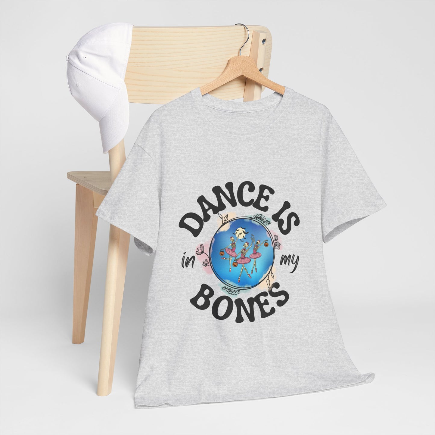 “Dance Is in My Bones” Halloween Dance T-Shirt with Dancing Skeletons Graphic - Unisex Heavy Cotton Tee