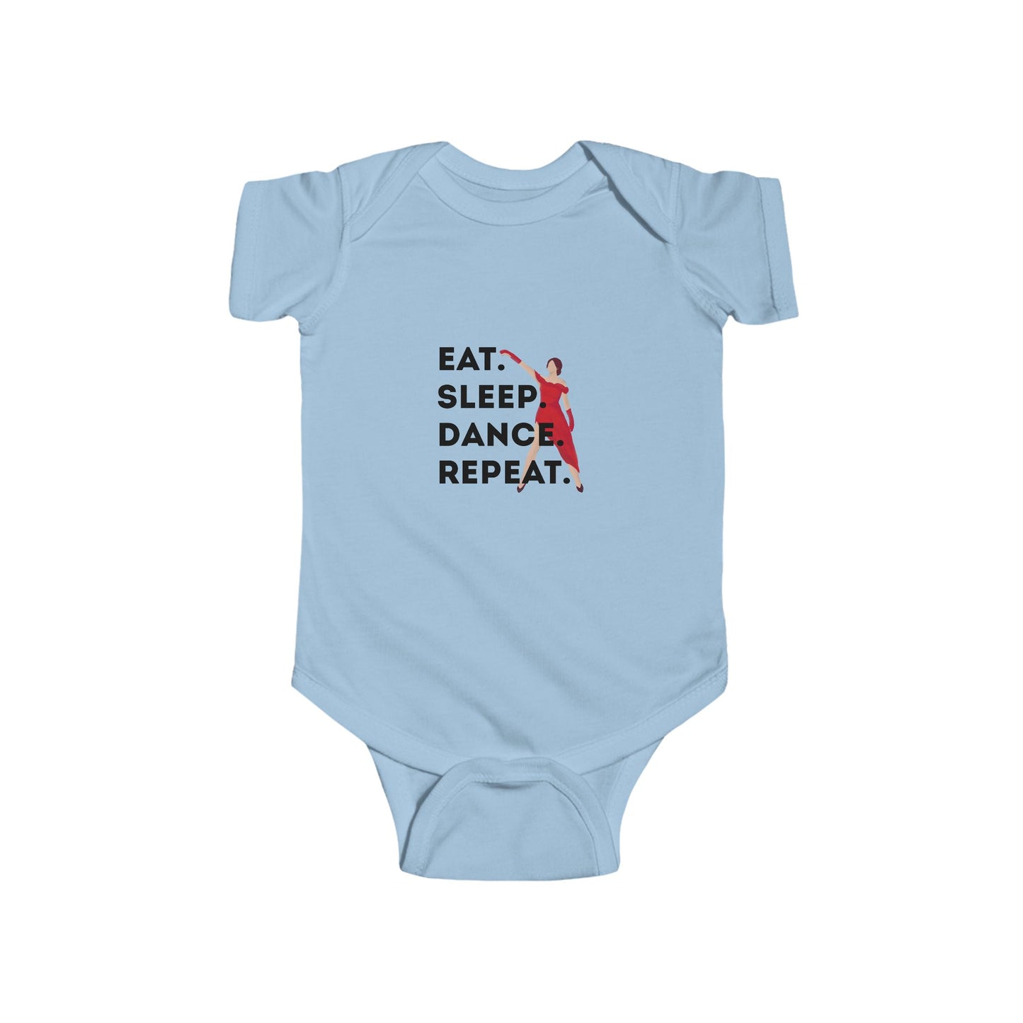 "Eat Sleep Dance Repeat" Infant Short Sleeve Bodysuit – Bold Dancer Graphic Baby Outfit for Dance-Loving Families