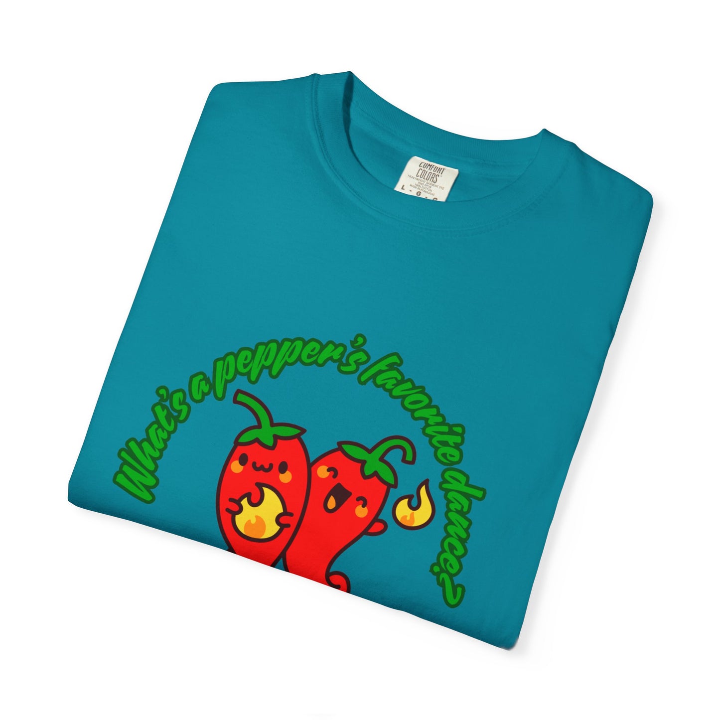 "What's a Pepper's Favorite Dance? Salsa!" Dance Pun Unisex Garment-Dyed T-Shirt – Funny Dance Joke Tee with Cute Pepper Graphic – Dance Humor Shirt for Food & Pun Lovers