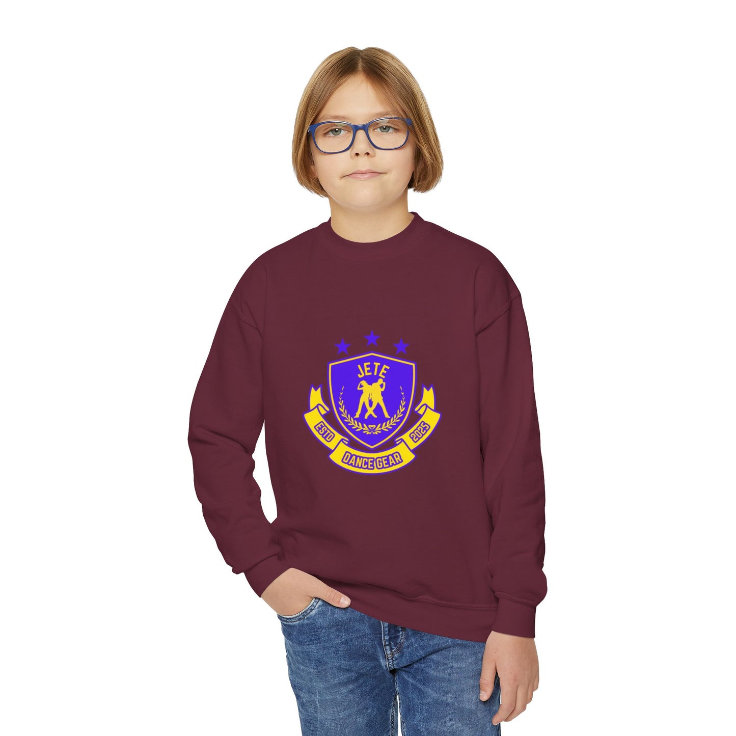 "Jeté Dance Gear" – Collegiate Style Youth Crewneck Sweatshirt | Bold Kids Dance Team Pullover