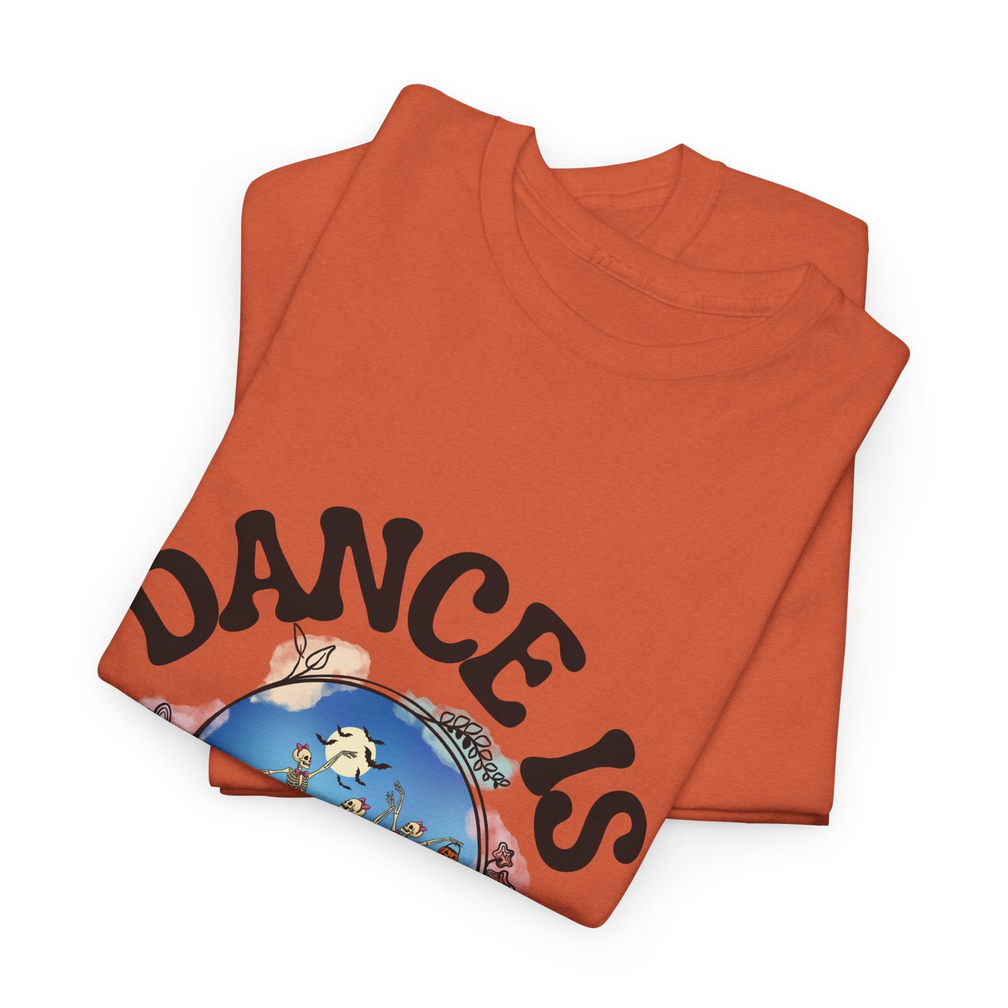 “Dance Is in My Bones” Halloween Dance T-Shirt with Dancing Skeletons Graphic - Unisex Heavy Cotton Tee